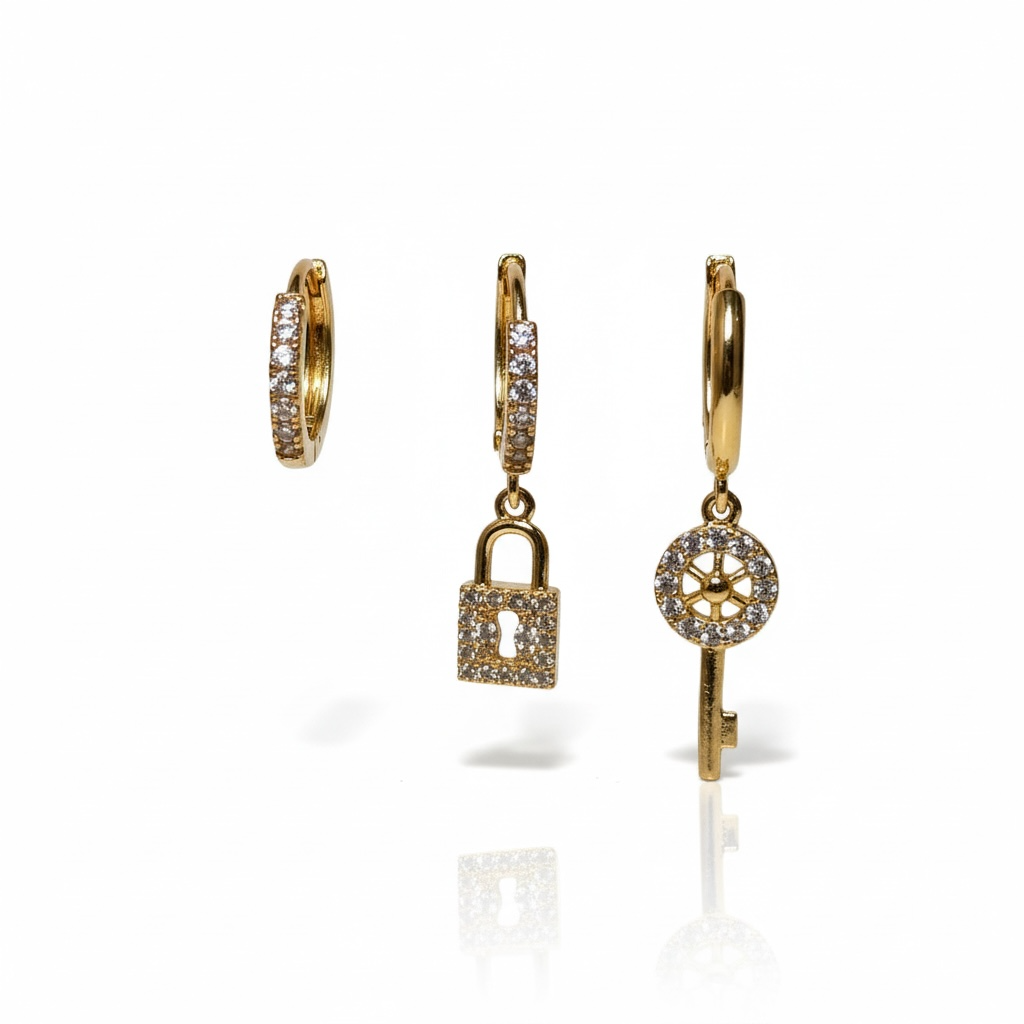 Stainless Steel Gold Huggie Hoop Earrings with CZ Lock Charm