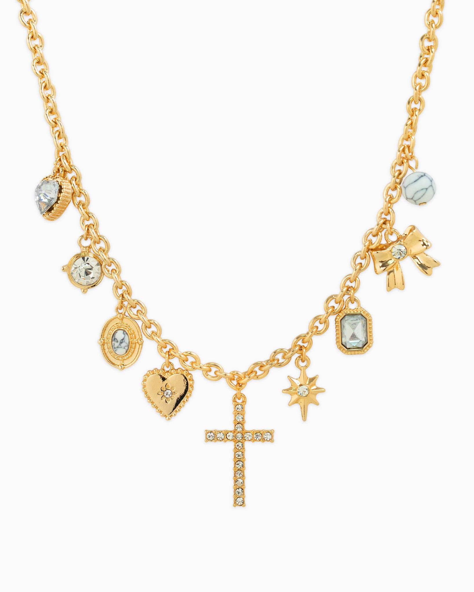 Cross Heart Recon Stone Multi Charm Necklace