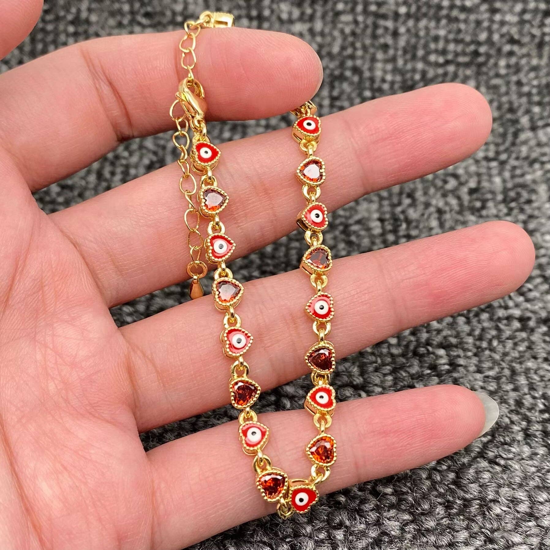 Heart Zircon Enamel Evil Eyes Linked 18K Gold Plated Bracelets