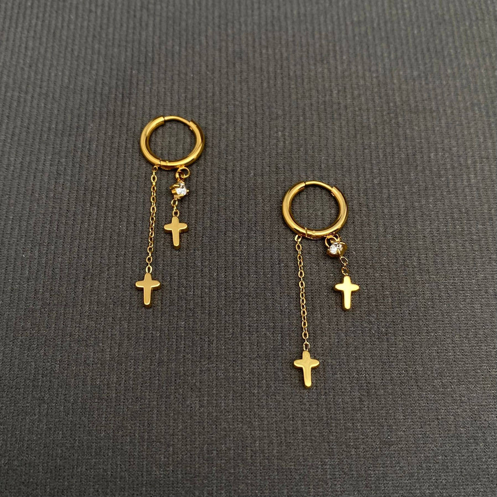 Double Cross 18K Gold Plated S.Steel Huggie Earrings - FGS