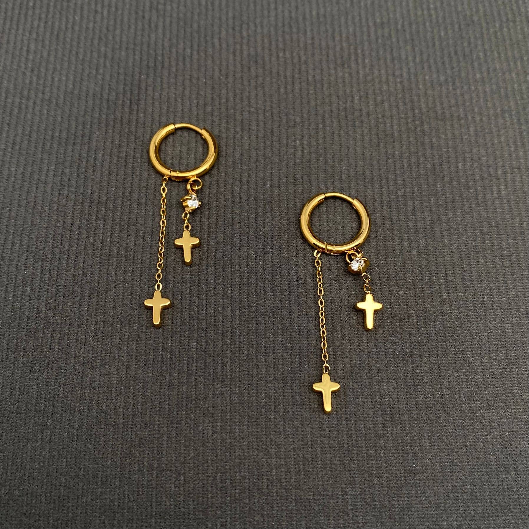 Double Cross 18K Gold Plated S.Steel Huggie Earrings - FGS