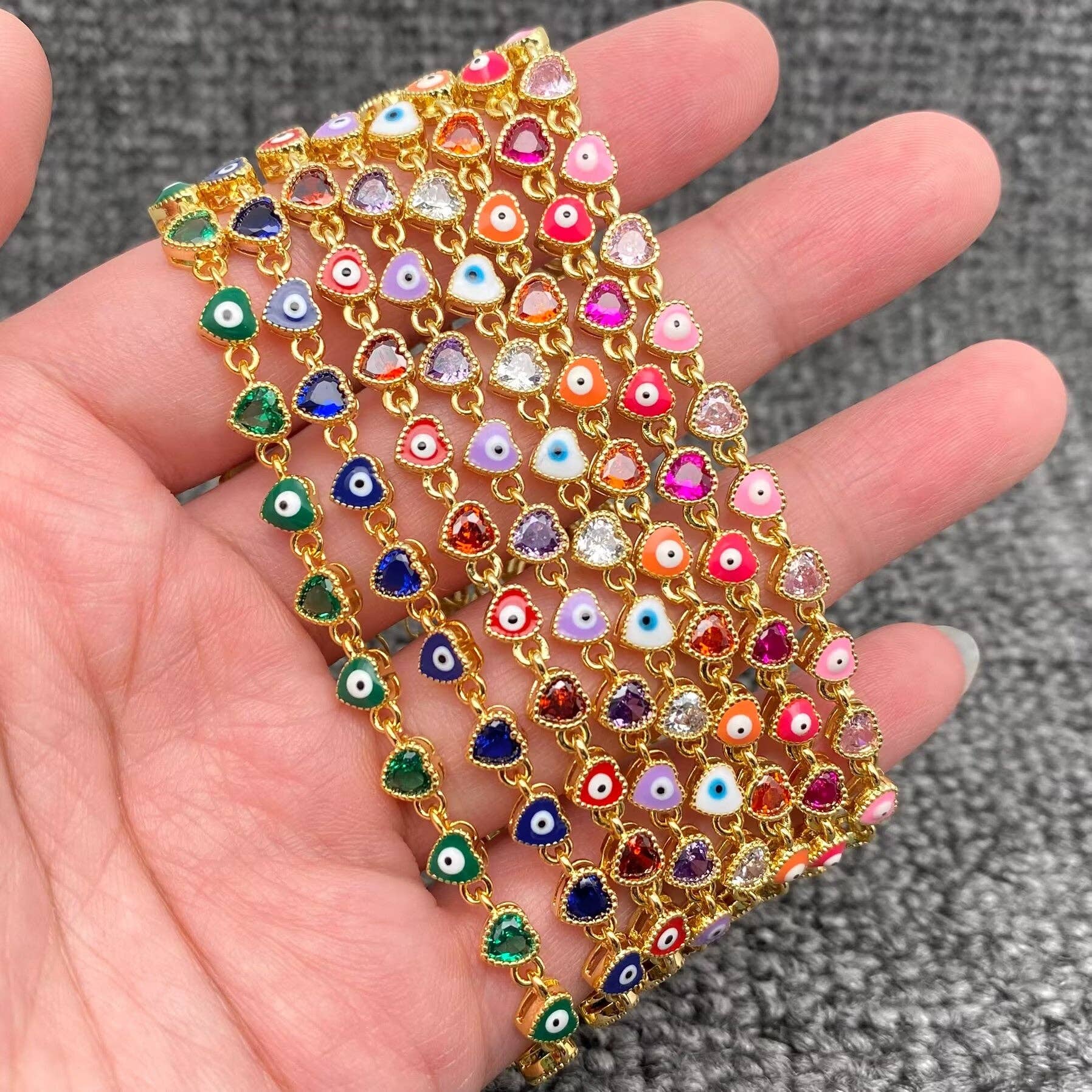 Heart Zircon Enamel Evil Eyes Linked 18K Gold Plated Bracelets