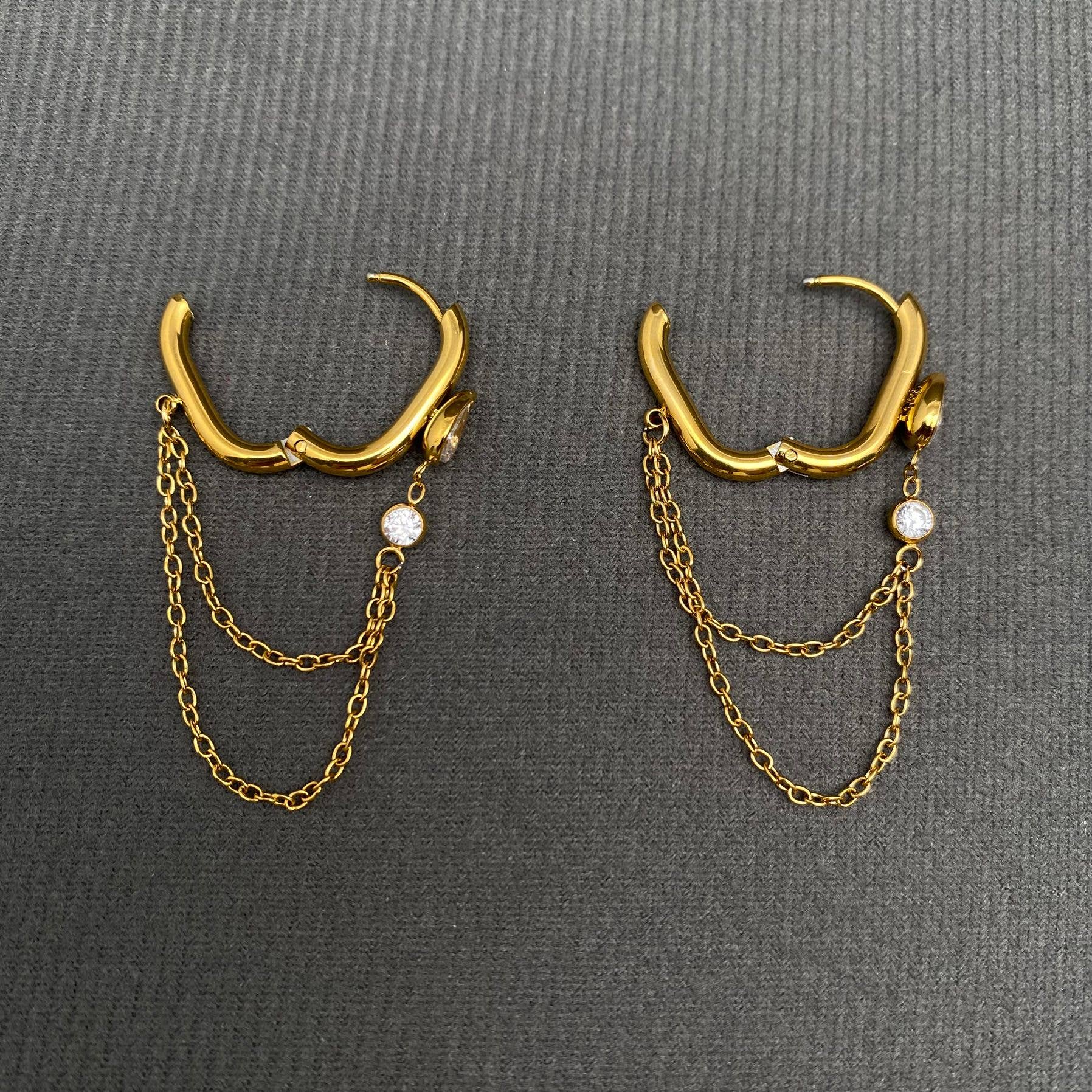 Chain fringe Zicon inliad 18K Gold Plated SS Earrings - FGS
