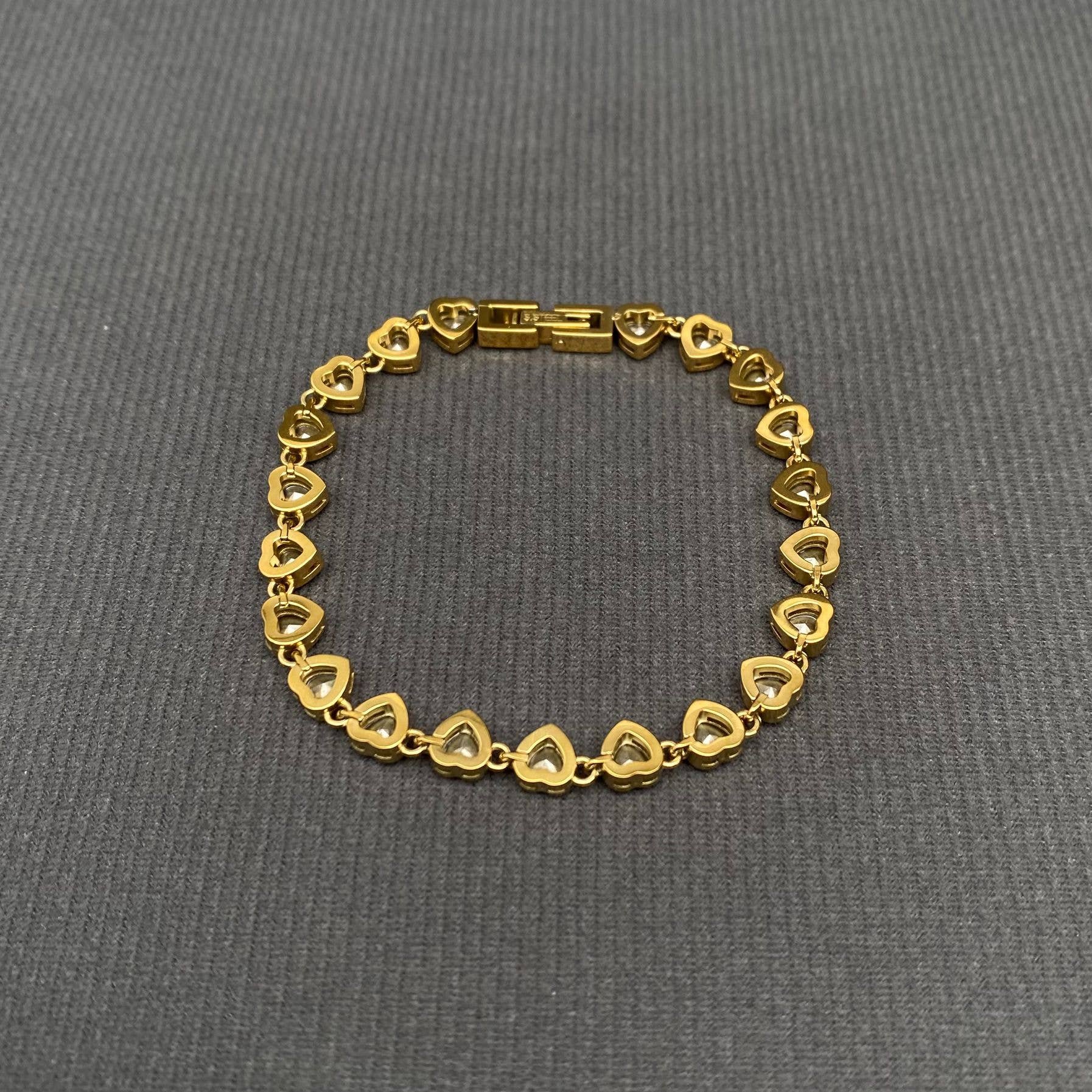 Pink Heart Zircon Linked 18K Gold Plated SS Bracelet - FGS