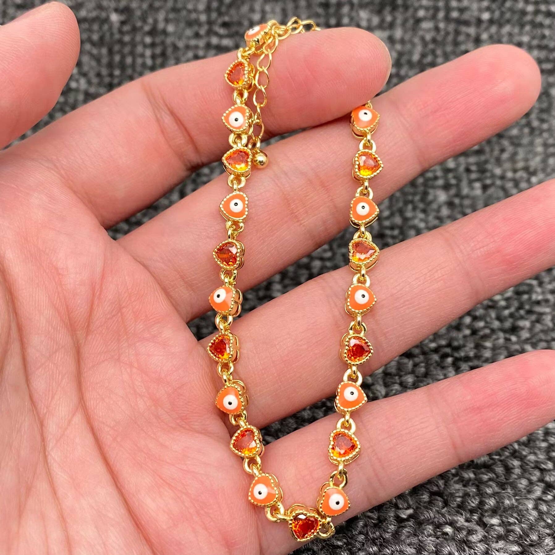 Heart Zircon Enamel Evil Eyes Linked 18K Gold Plated Bracelets