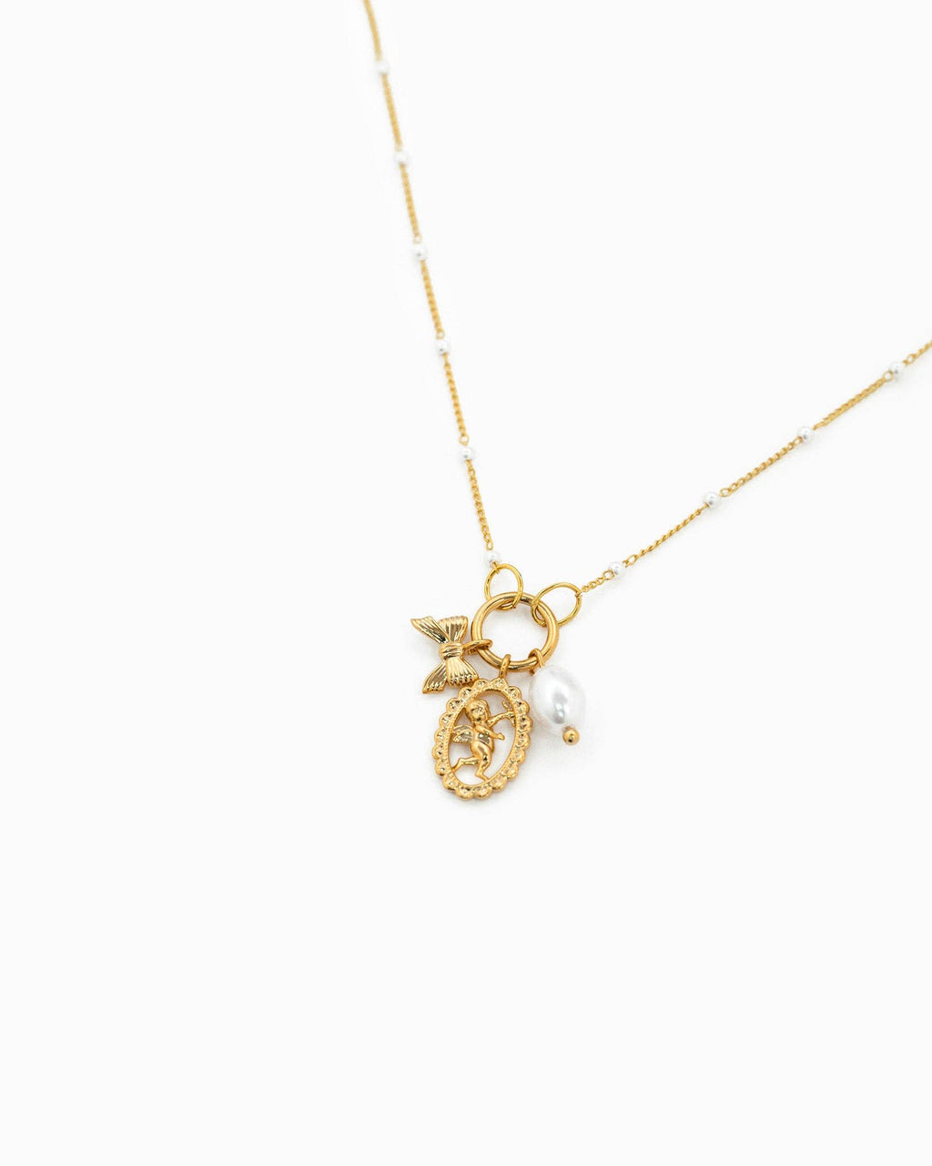 Trio Charm Angel Pearl Necklace