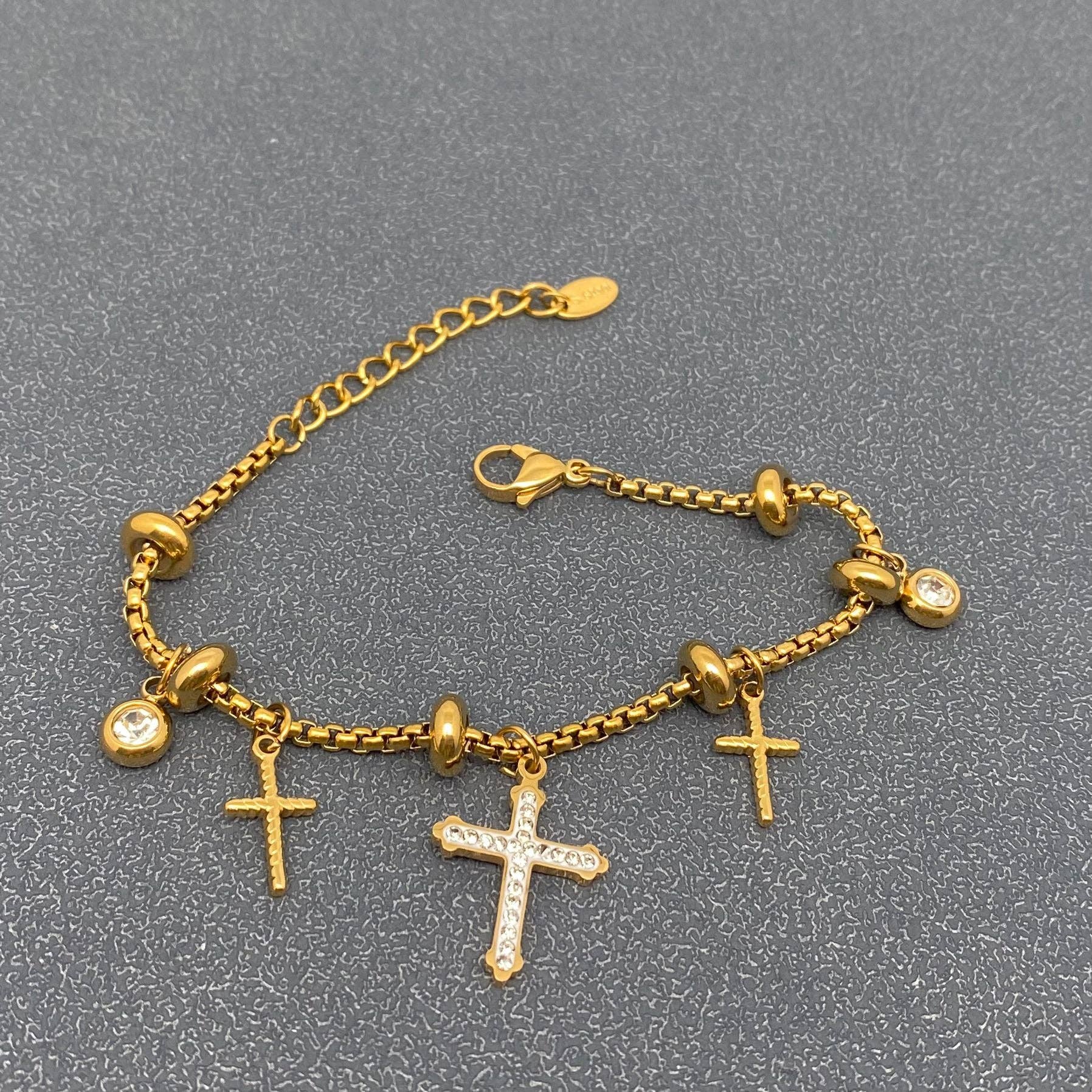 CZ Cross Charm 18K Gold Plated Stainless Steel Bracelet -FGS