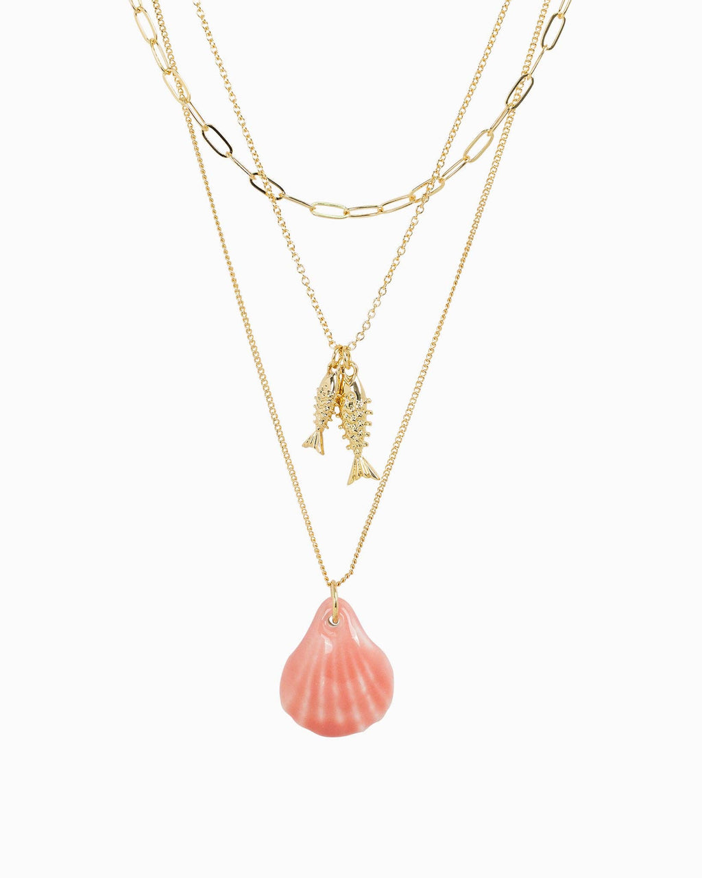 Beach Mode Coastal Salty Triple Layered Gold Fish Shell Necklace