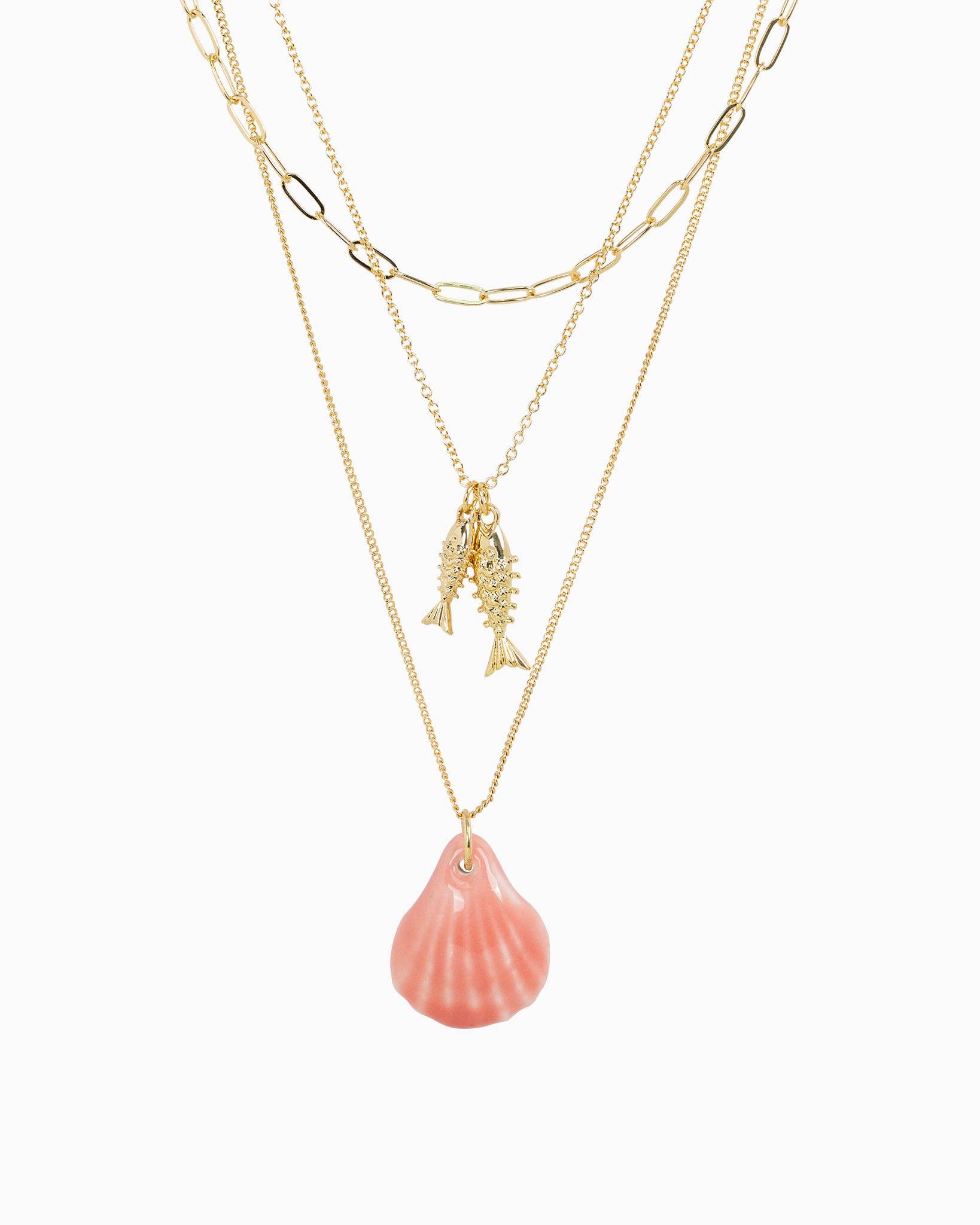 Beach Mode Coastal Salty Triple Layered Gold Fish Shell Necklace