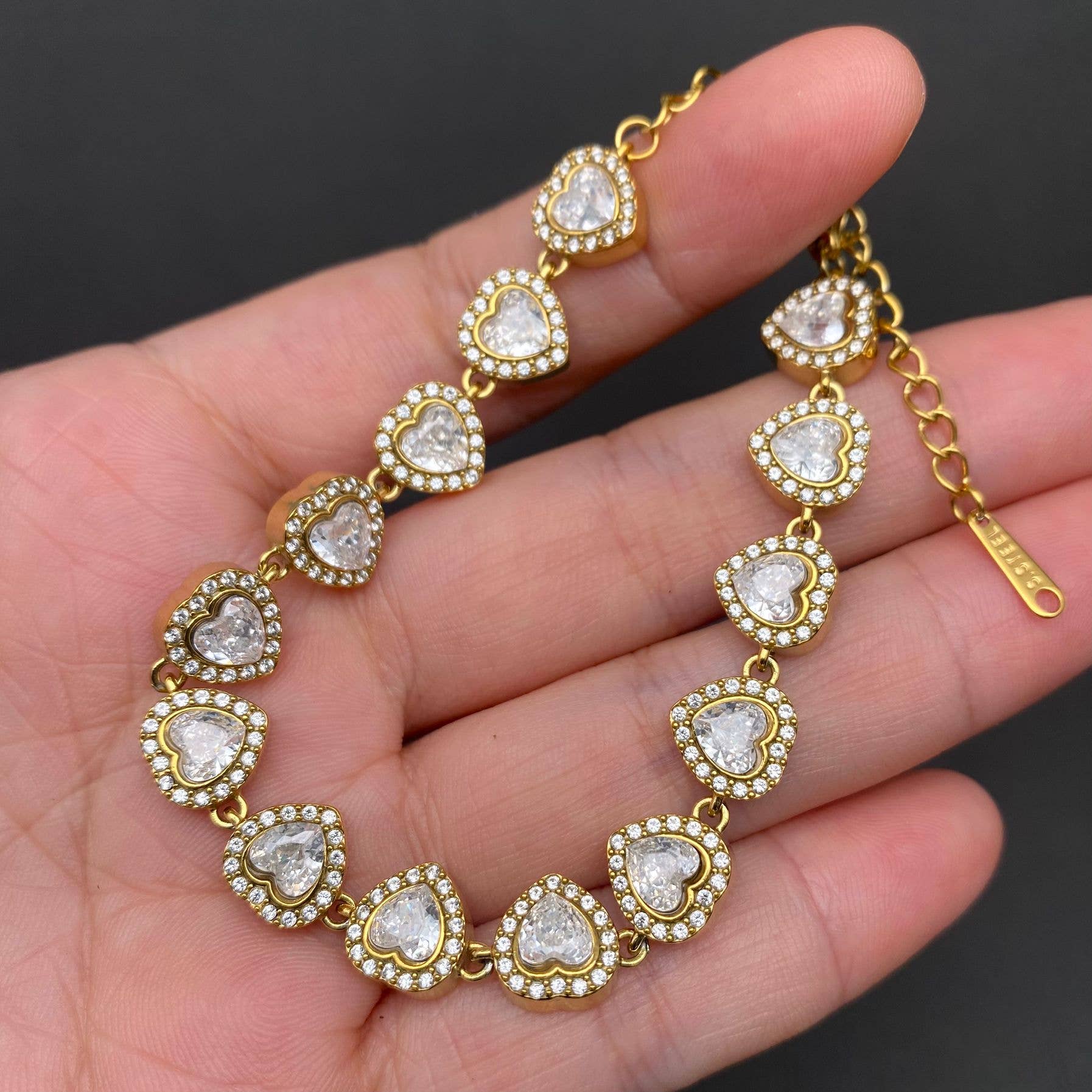 Sparkling Heart zircon linked 18K Gold Plated SS Bracelet - FGS