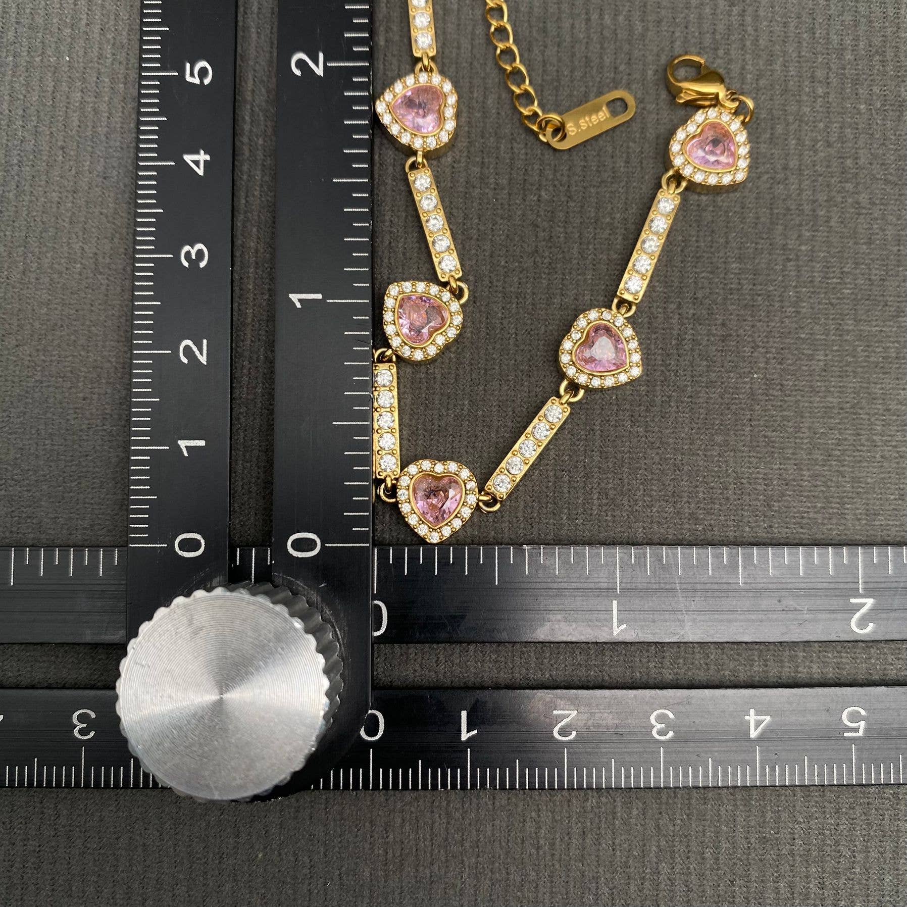 Pink heart Zircon 18K Gold Plated Stainless Steel Bracelet - FGS