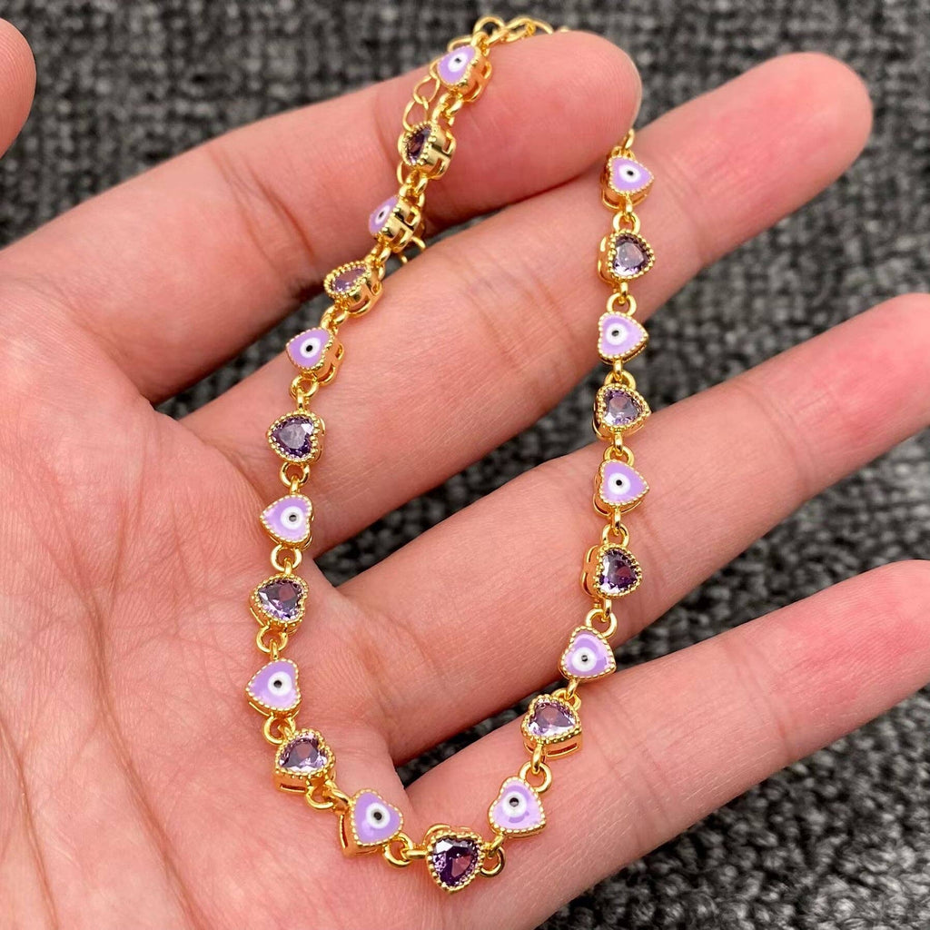 Heart Zircon Enamel Evil Eyes Linked 18K Gold Plated Bracelets