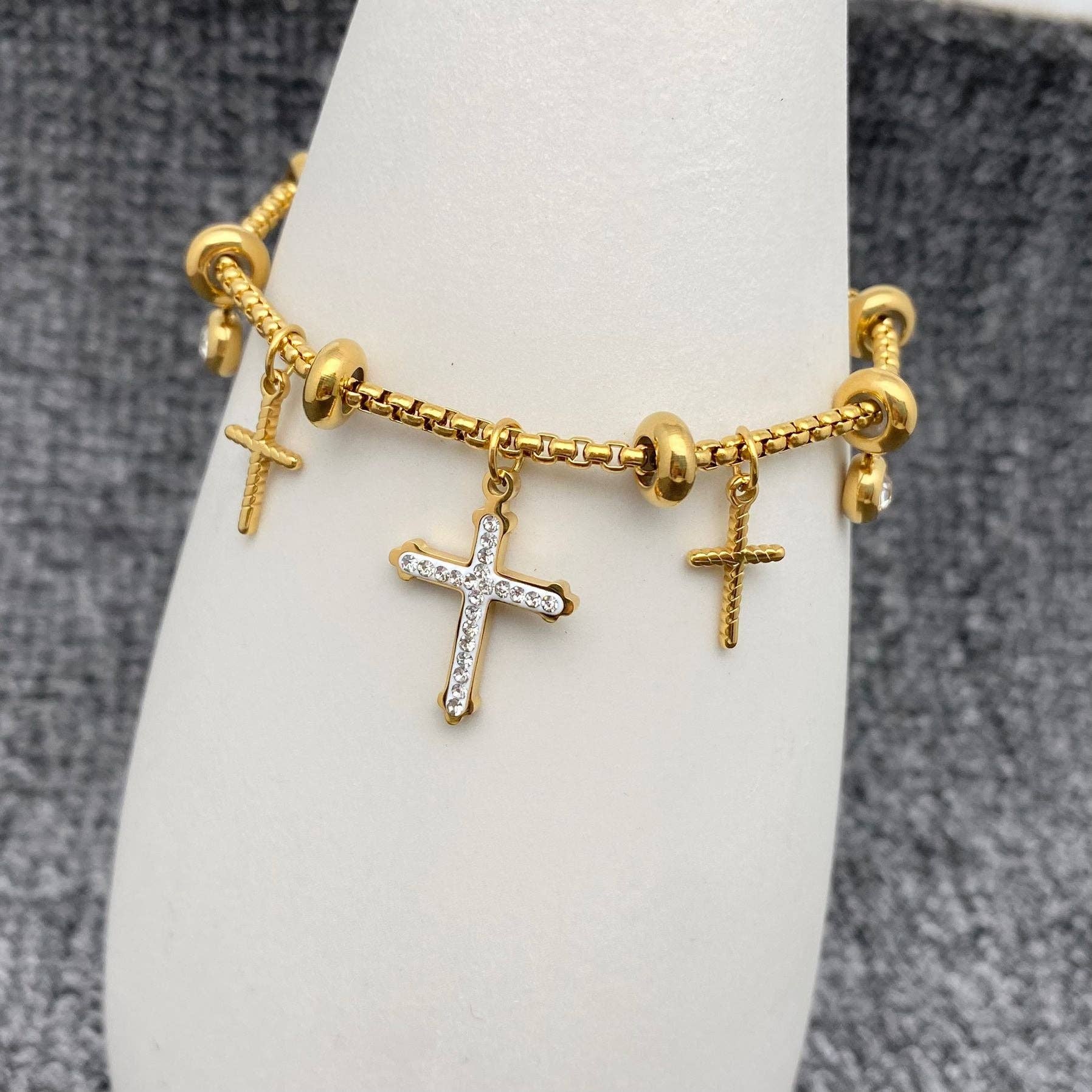 CZ Cross Charm 18K Gold Plated Stainless Steel Bracelet -FGS