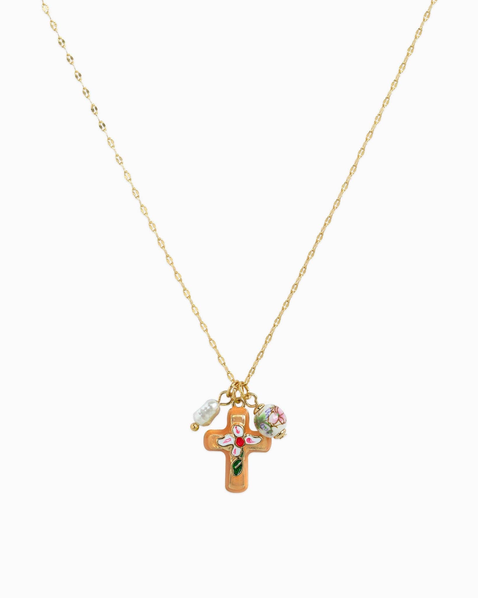 Porcelain Inspired Vintage Oriental Floral Cross Necklace