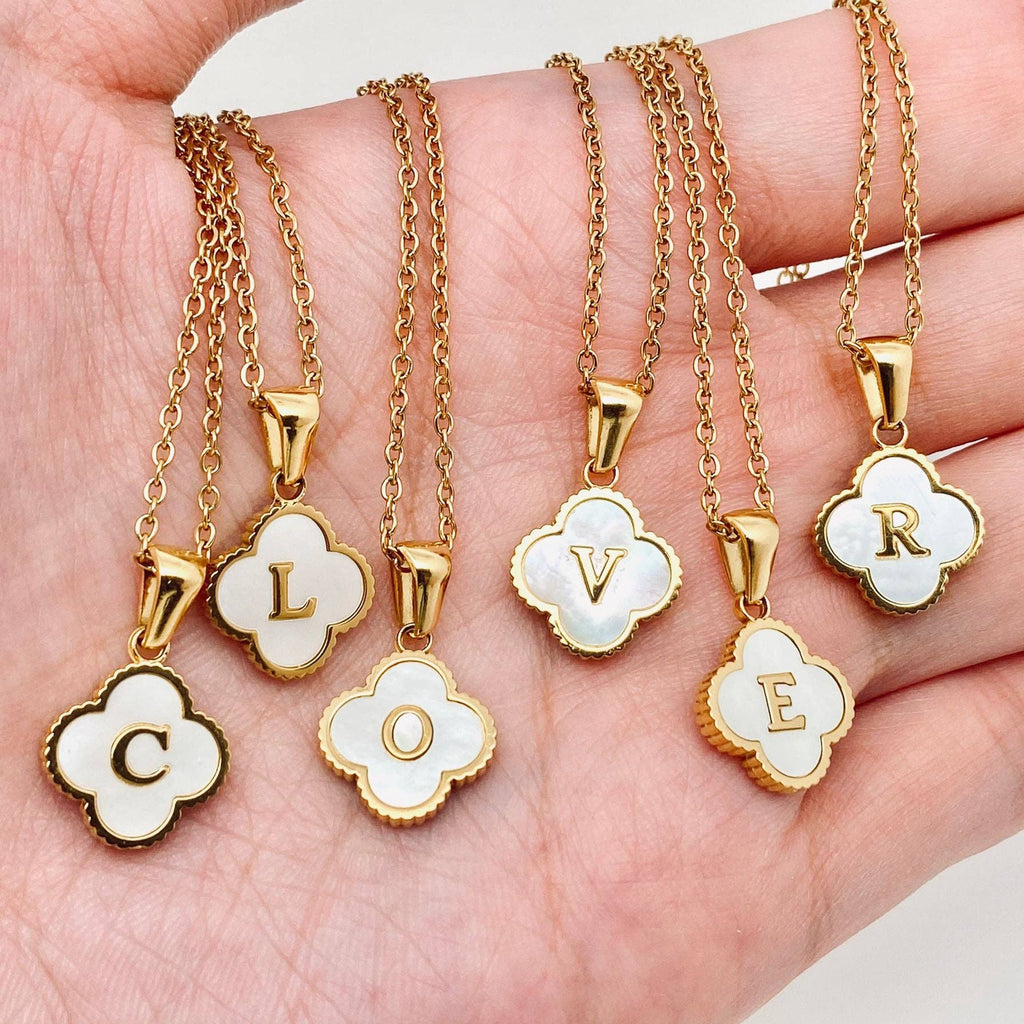 Clover Shell Initial Charm 18K Golden S.Steel Necklace - FGS
