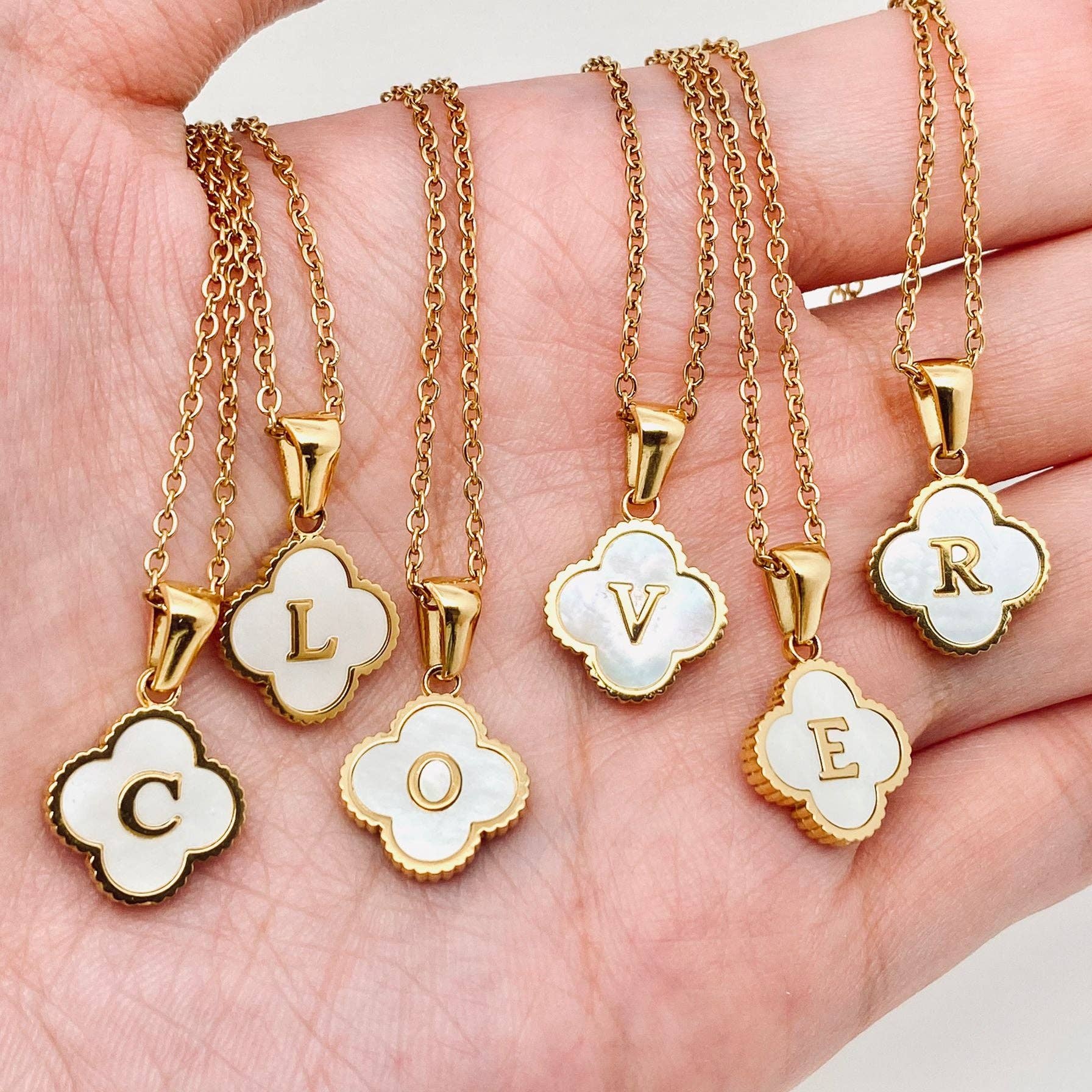 Clover Shell Initial Charm 18K Golden S.Steel Necklace - FGS