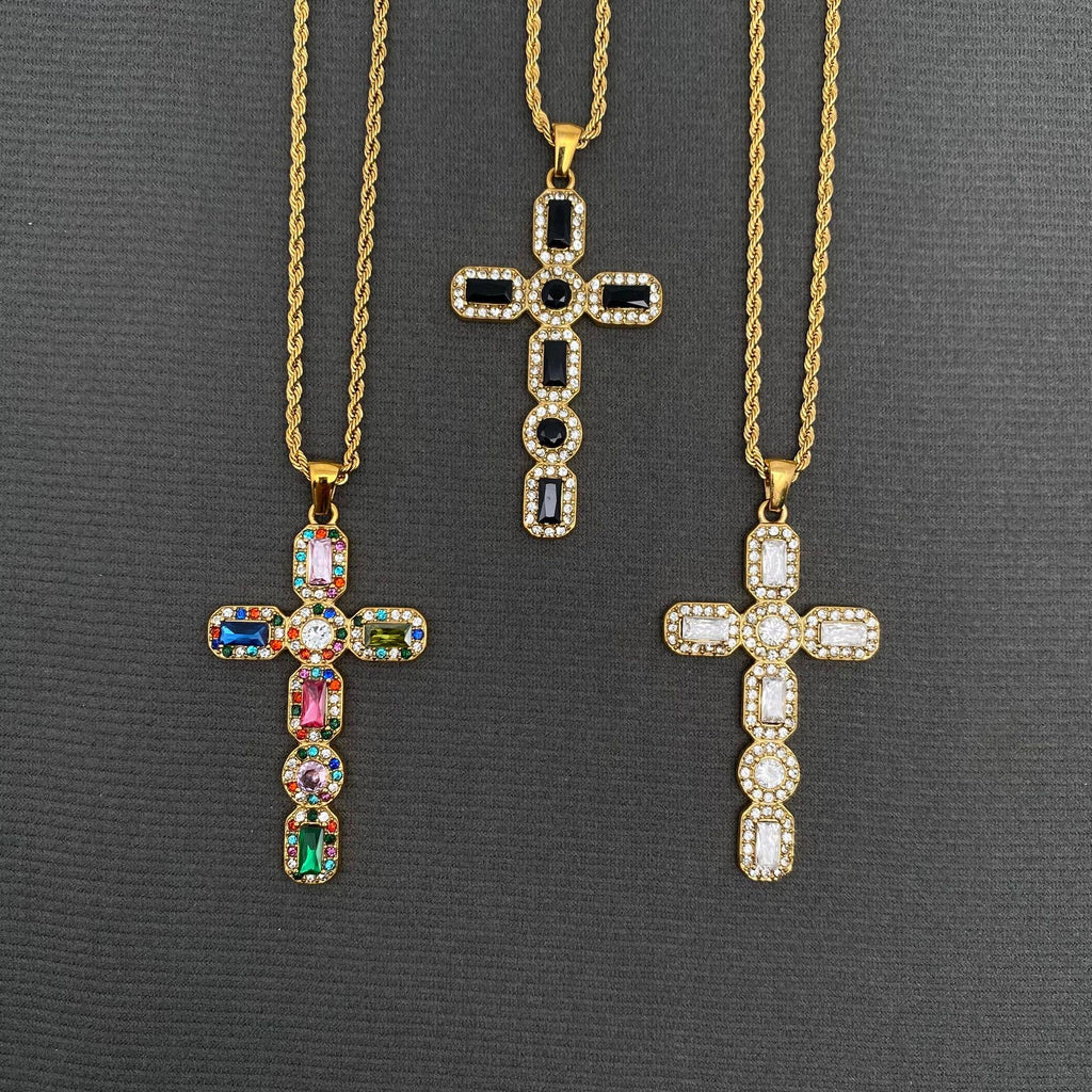 Zircon Inlaid Cross 18K Gold Plated S.Steel Necklace - FGS