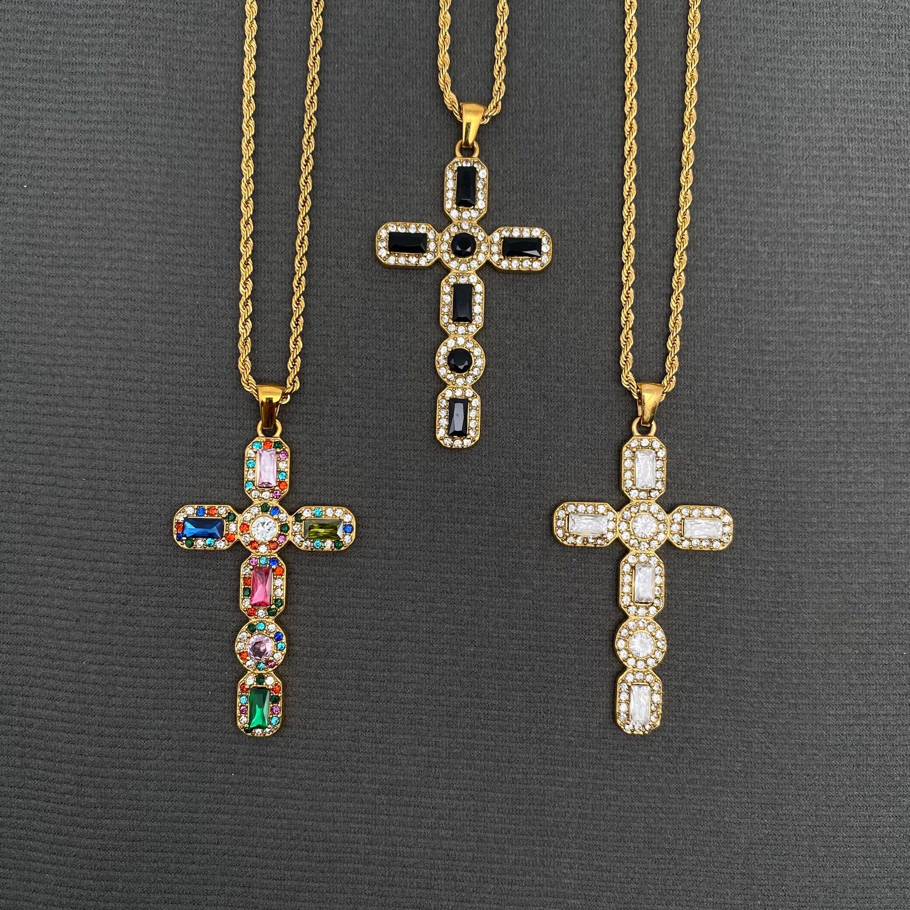 Zircon Inlaid Cross 18K Gold Plated S.Steel Necklace - FGS