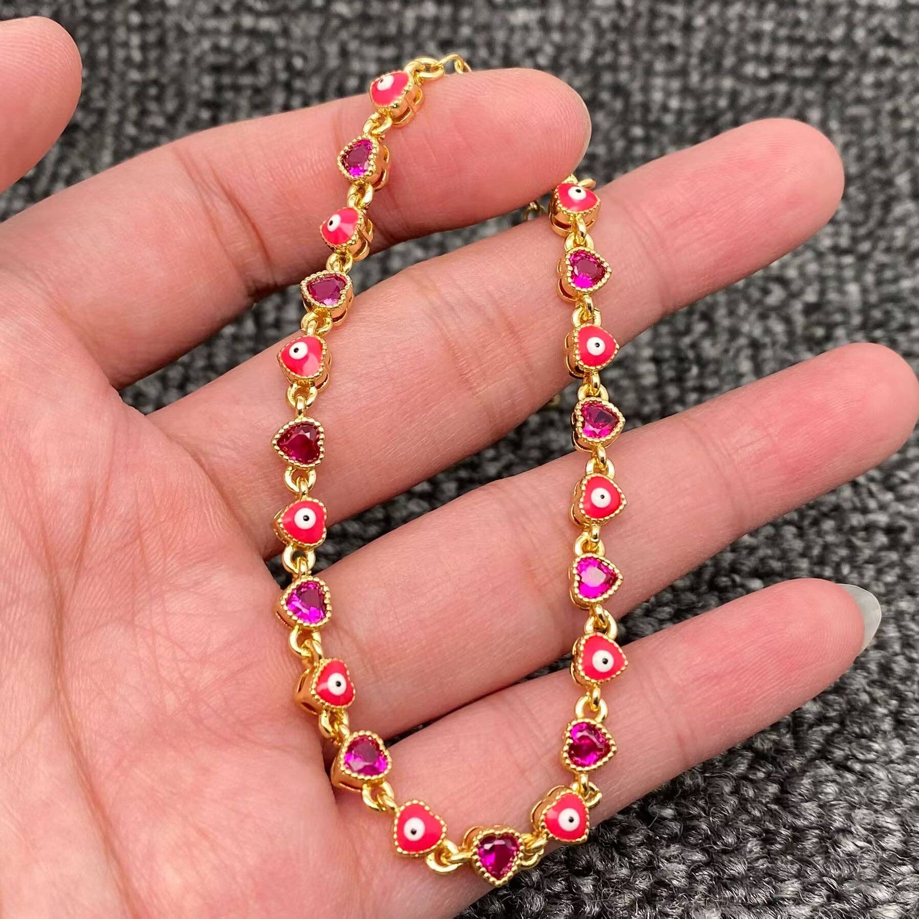 Heart Zircon Enamel Evil Eyes Linked 18K Gold Plated Bracelets