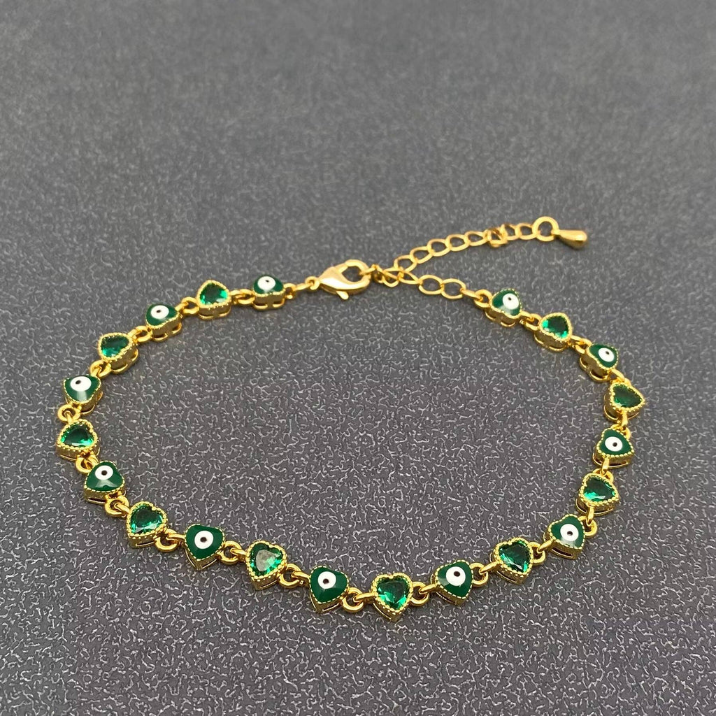 Heart Zircon Enamel Evil Eyes Linked 18K Gold Plated Bracelets
