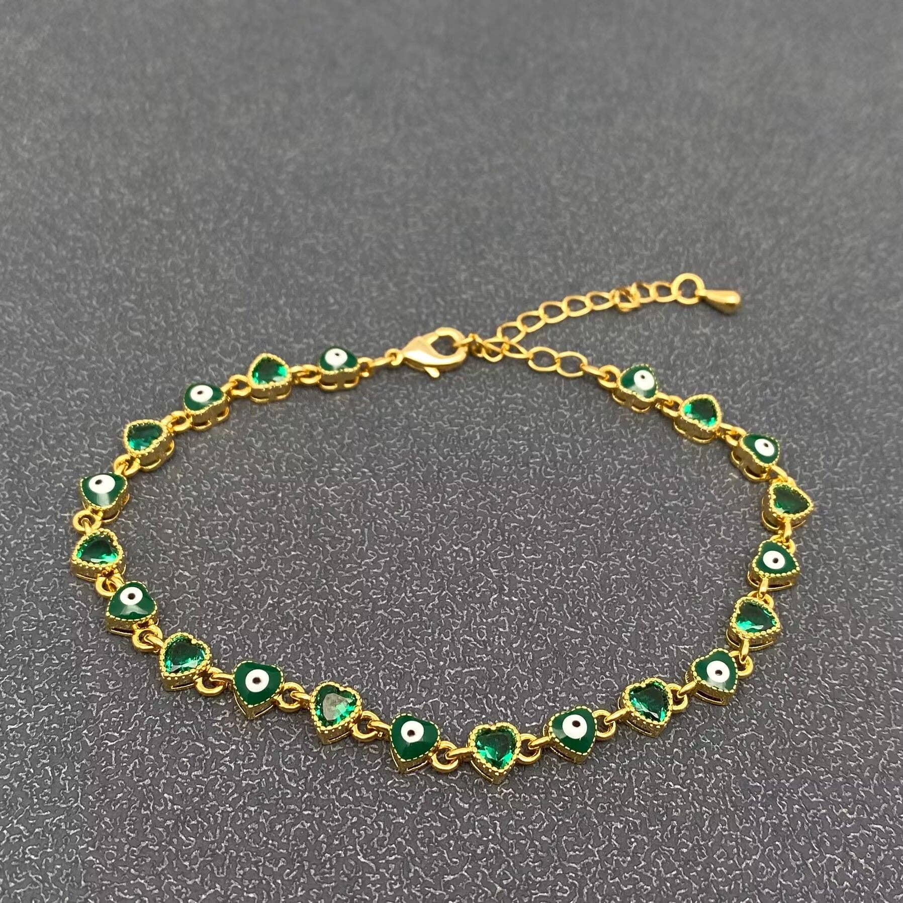 Heart Zircon Enamel Evil Eyes Linked 18K Gold Plated Bracelets