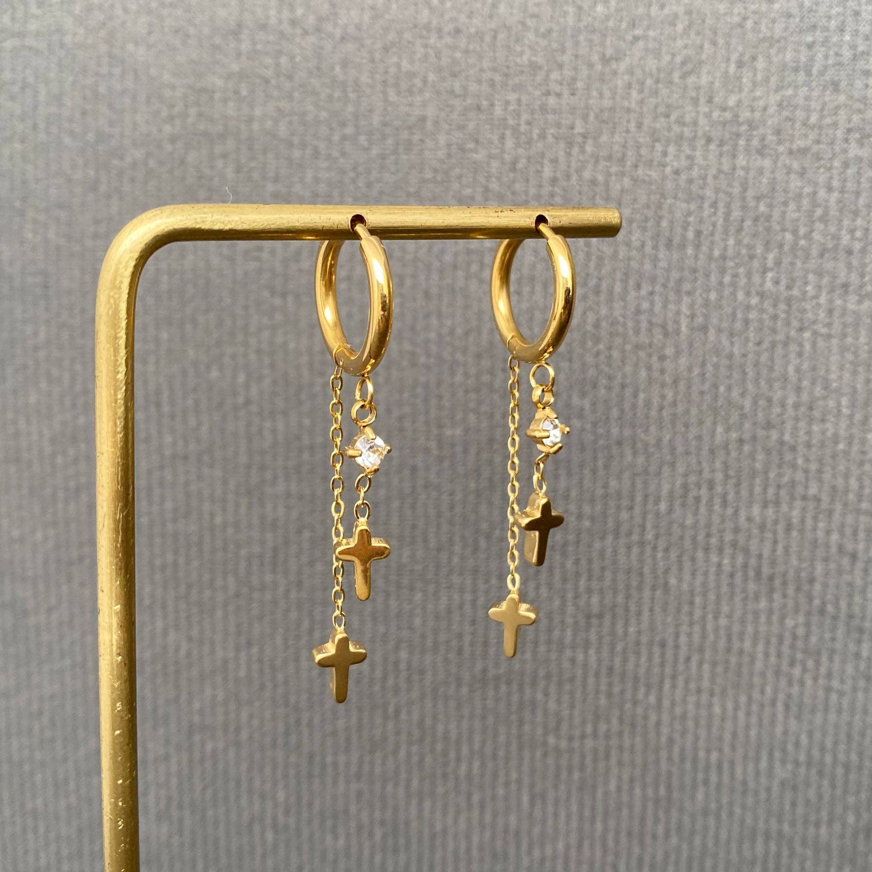 Double Cross 18K Gold Plated S.Steel Huggie Earrings - FGS