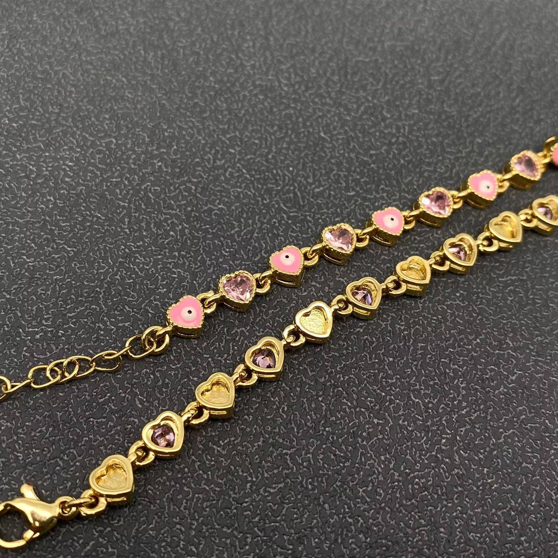 Heart Zircon Enamel Evil Eyes Linked 18K Gold Plated Bracelets