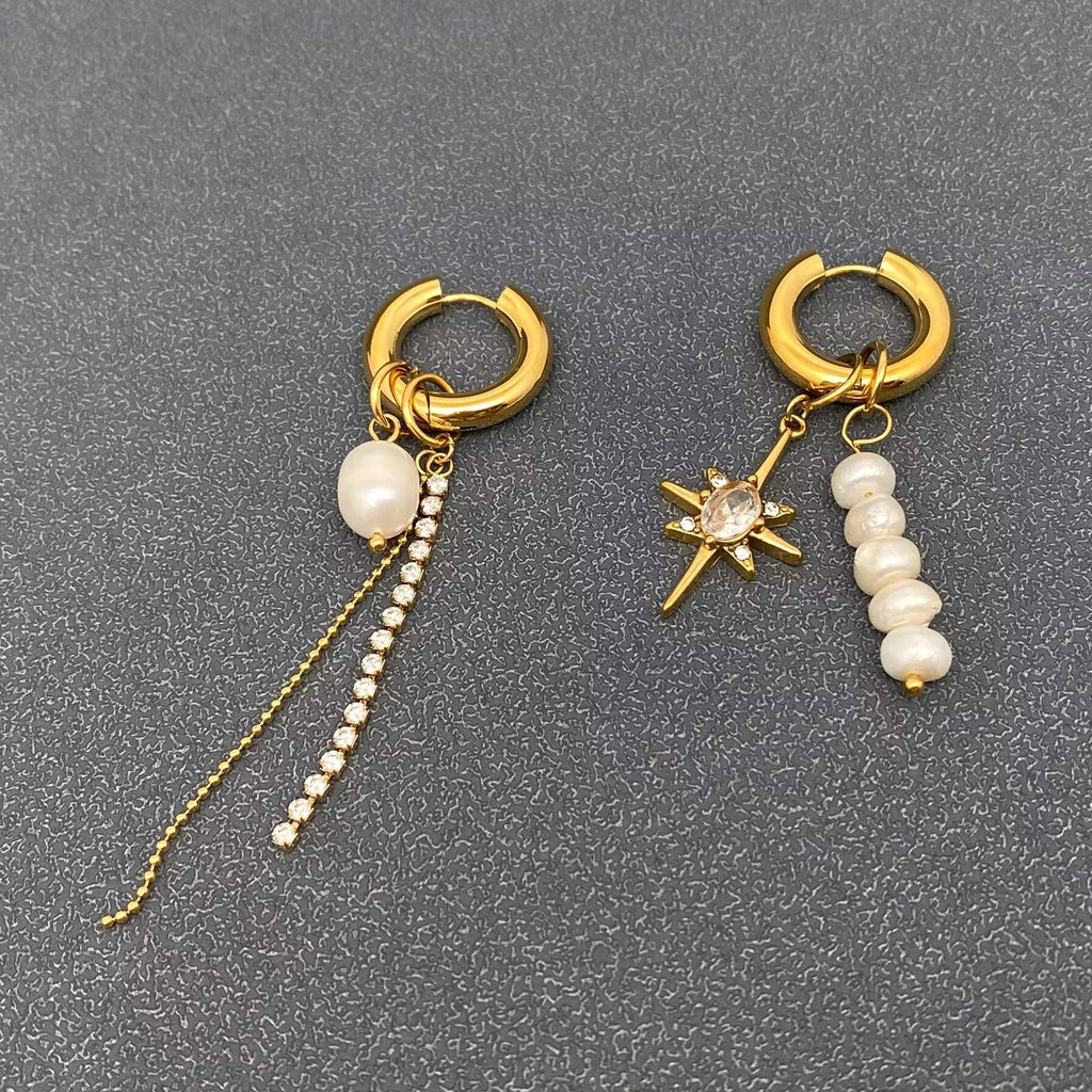 FGS - Pearl Zircon Star Charm 18 Gold Plated Huggie Earrings
