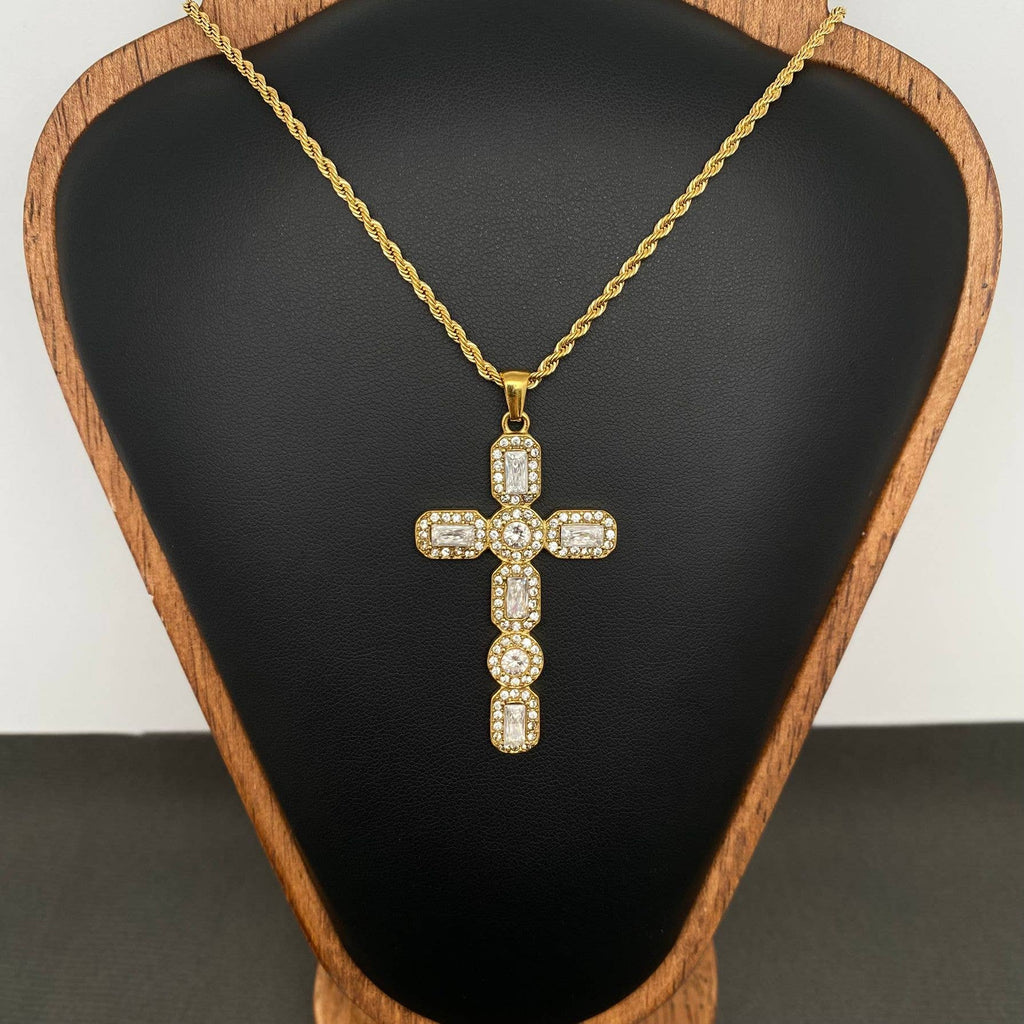 Zircon Inlaid Cross 18K Gold Plated S.Steel Necklace - FGS