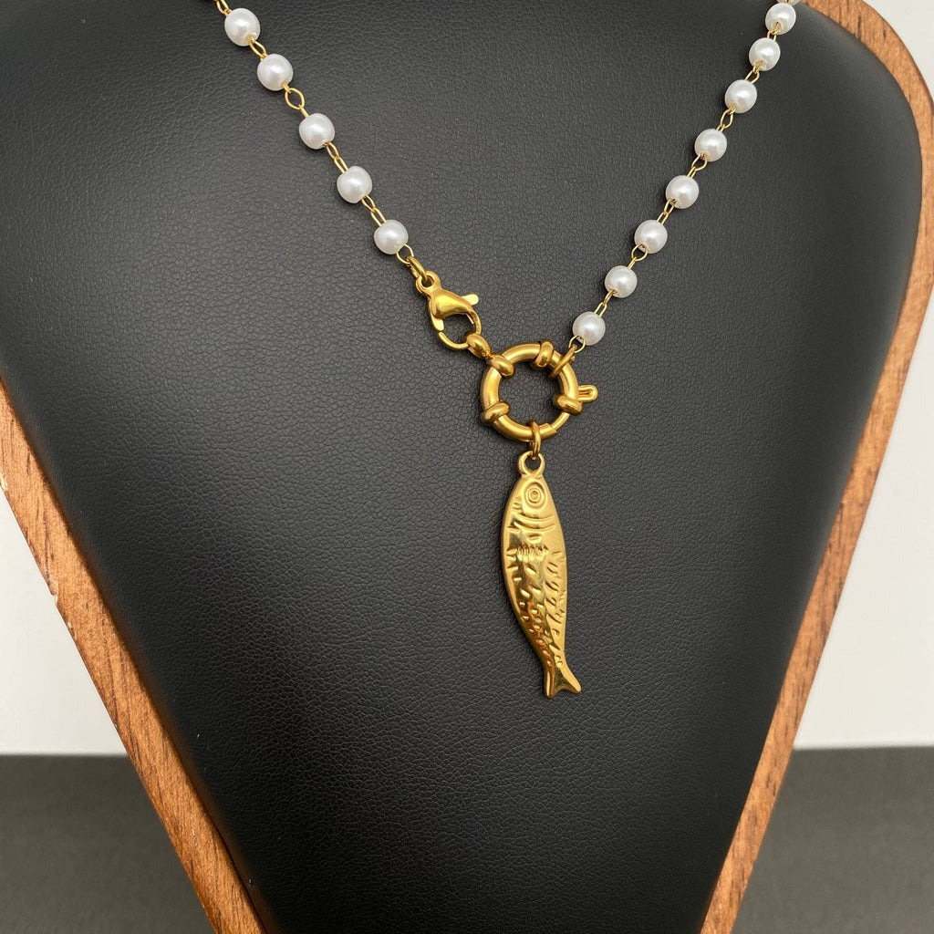 18K Gold Plated SS Fish Charm Pearl Beaded Necklace - FGS