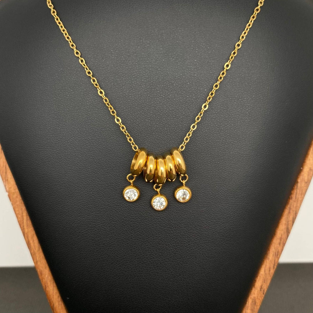 Zircon Inlaid Ring Charm 18K Gold Plated SS Necklace - FGS