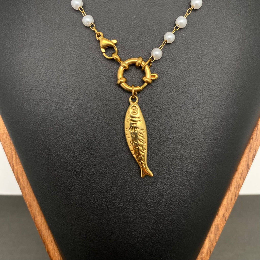 18K Gold Plated SS Fish Charm Pearl Beaded Necklace - FGS