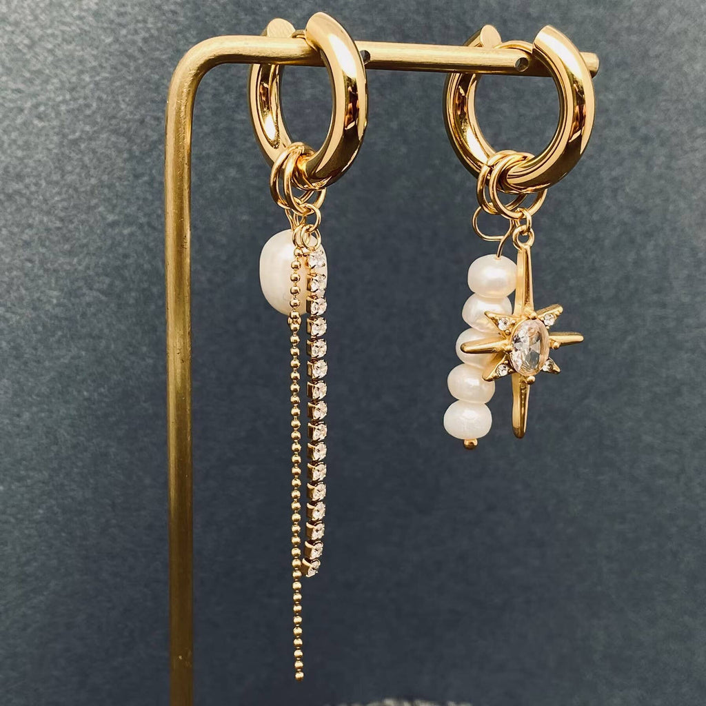 FGS - Pearl Zircon Star Charm 18 Gold Plated Huggie Earrings