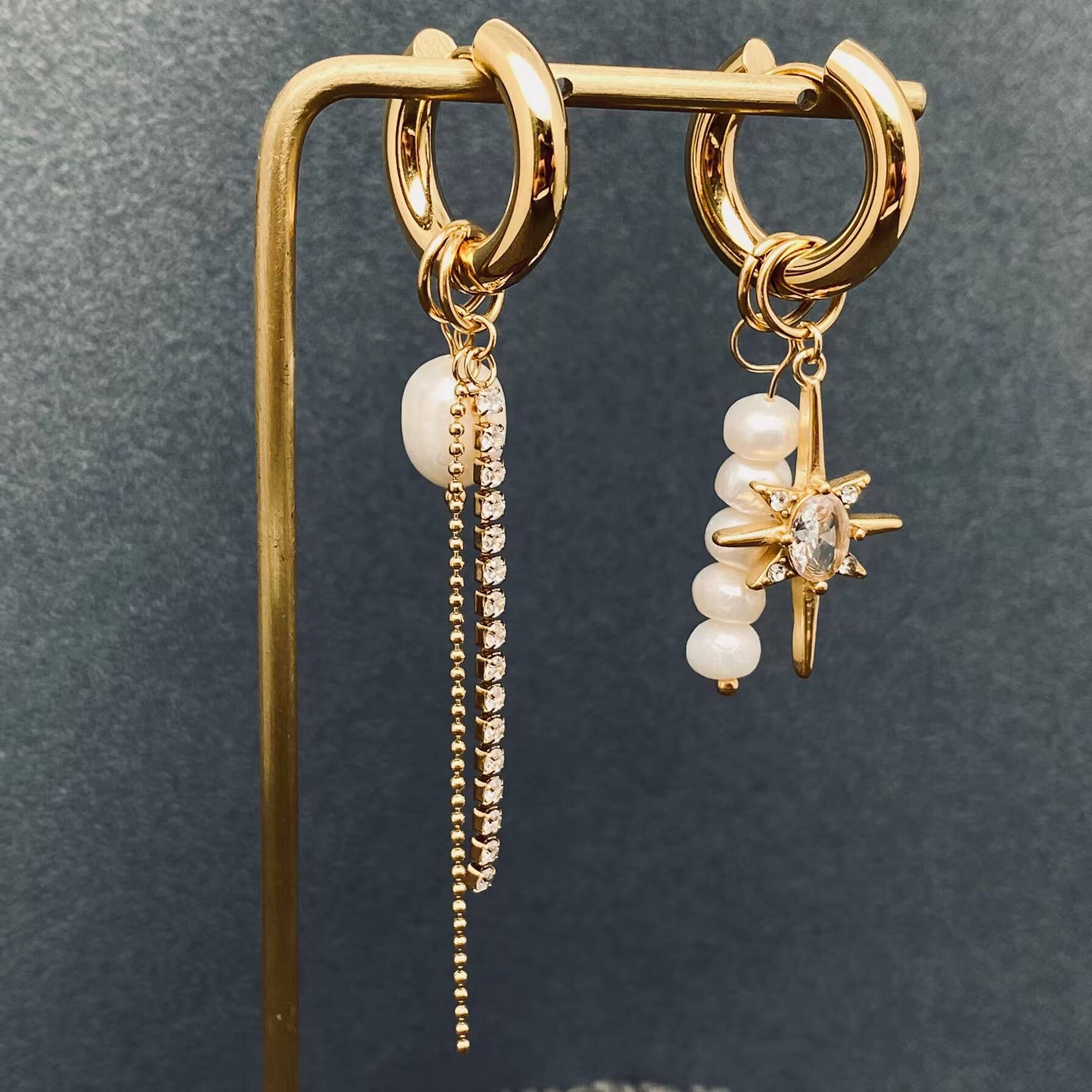 FGS - Pearl Zircon Star Charm 18 Gold Plated Huggie Earrings