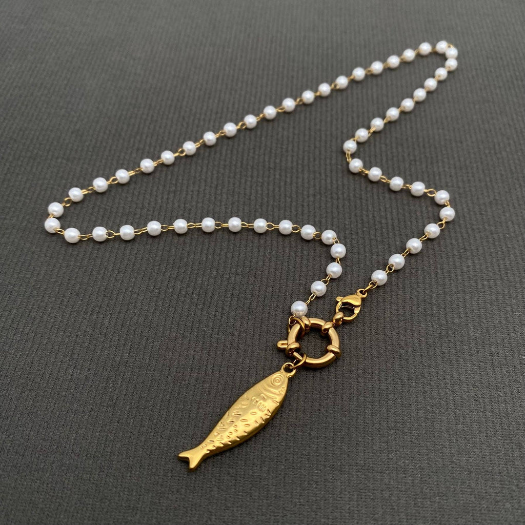 18K Gold Plated SS Fish Charm Pearl Beaded Necklace - FGS