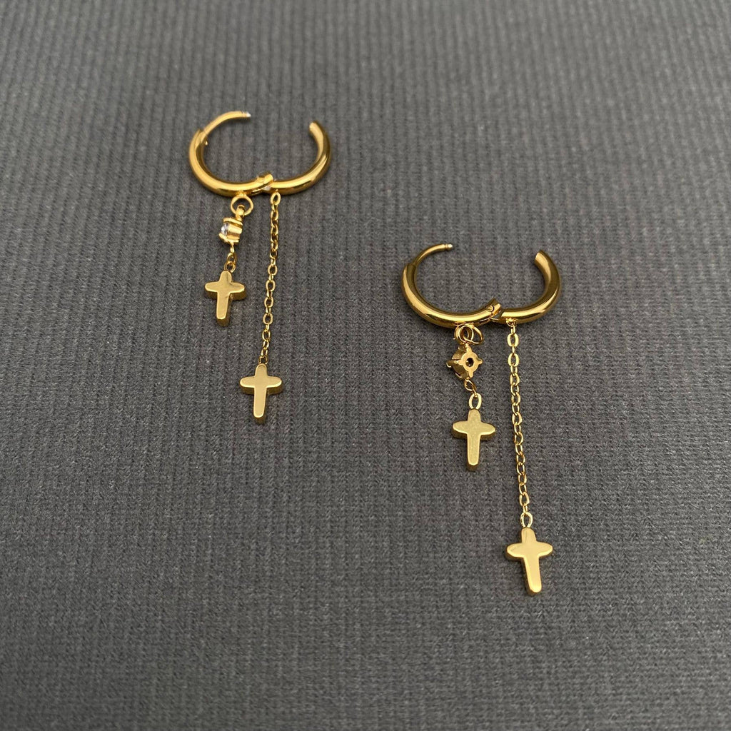 Double Cross 18K Gold Plated S.Steel Huggie Earrings - FGS