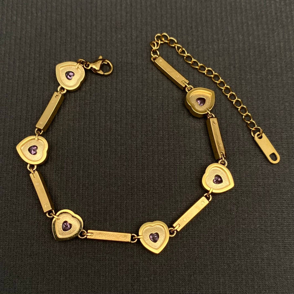 Pink heart Zircon 18K Gold Plated Stainless Steel Bracelet - FGS