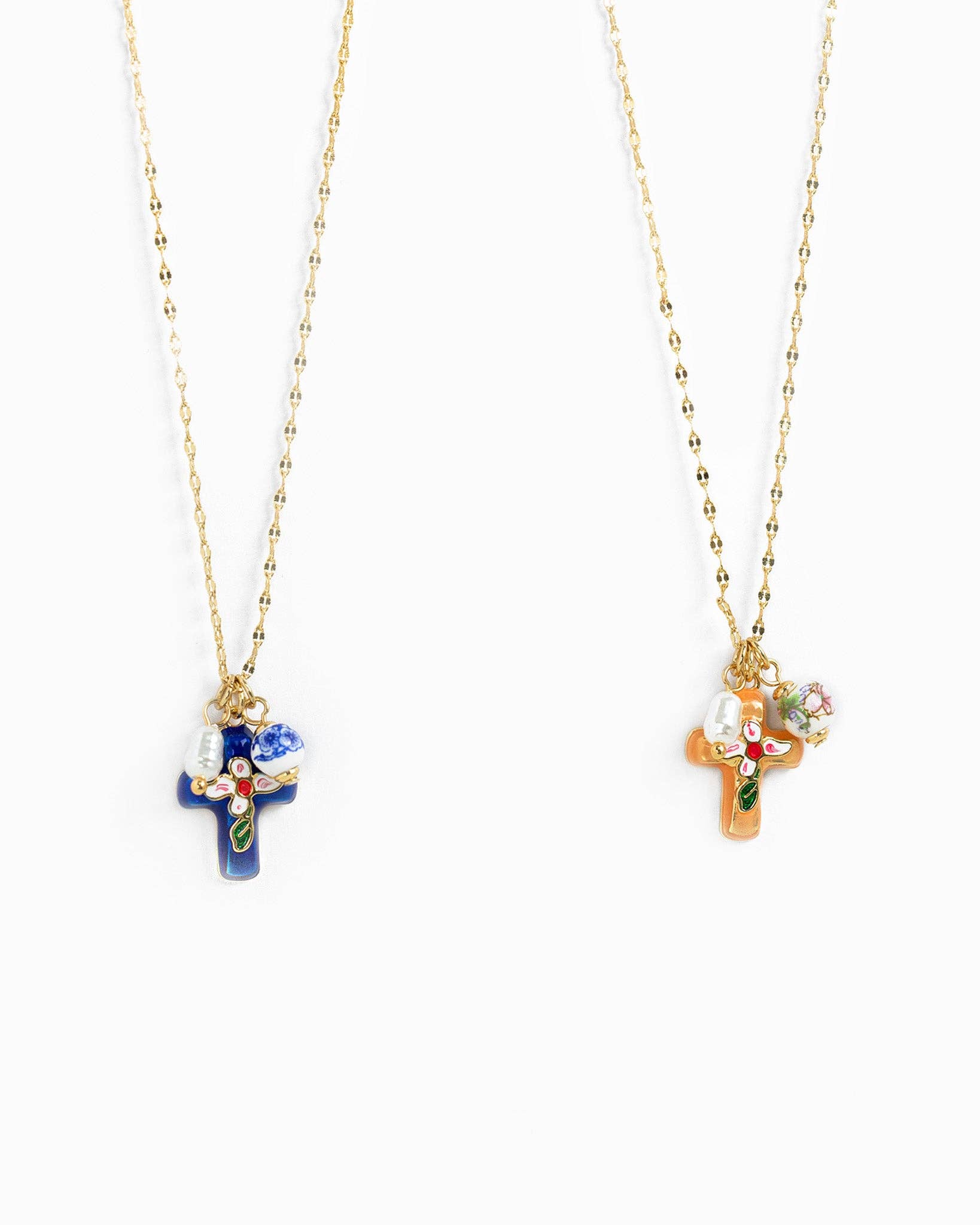 Porcelain Inspired Vintage Oriental Floral Cross Necklace