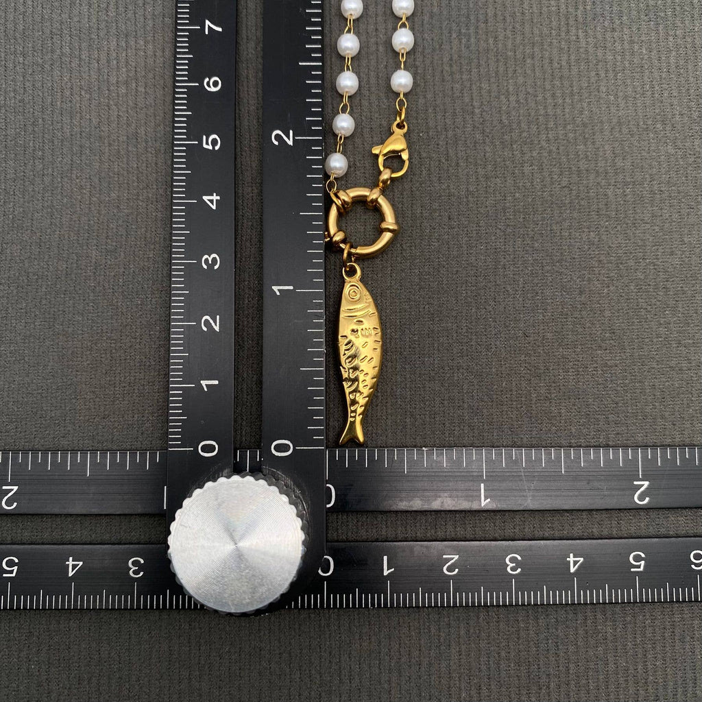 18K Gold Plated SS Fish Charm Pearl Beaded Necklace - FGS