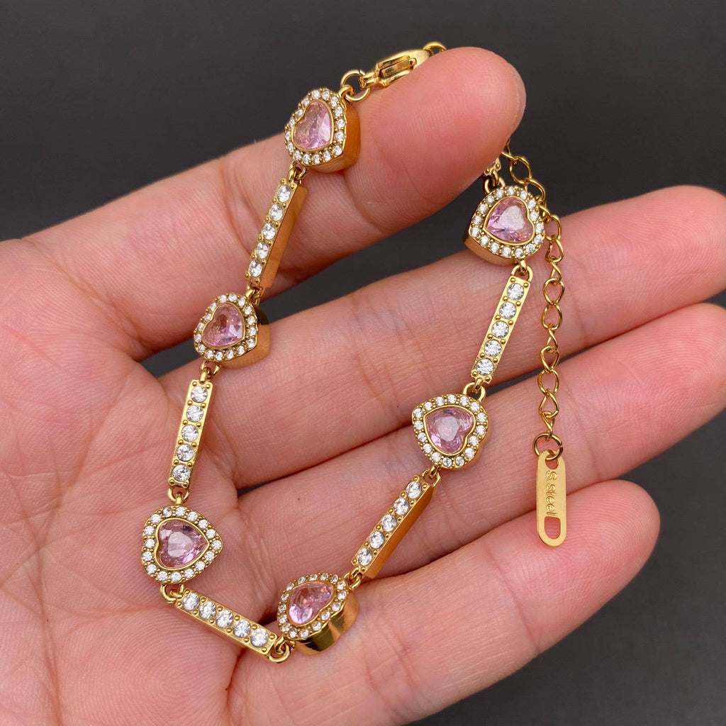 Pink heart Zircon 18K Gold Plated Stainless Steel Bracelet - FGS