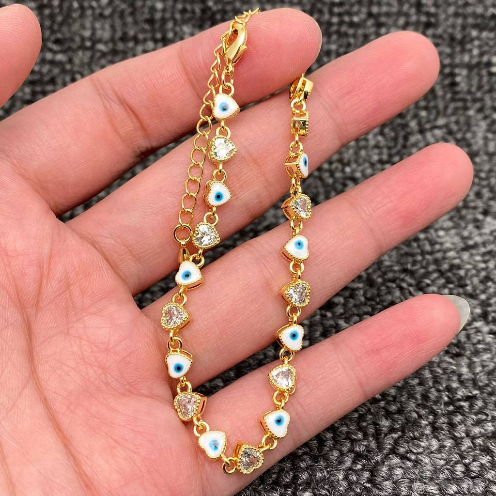 Heart Zircon Enamel Evil Eyes Linked 18K Gold Plated Bracelets