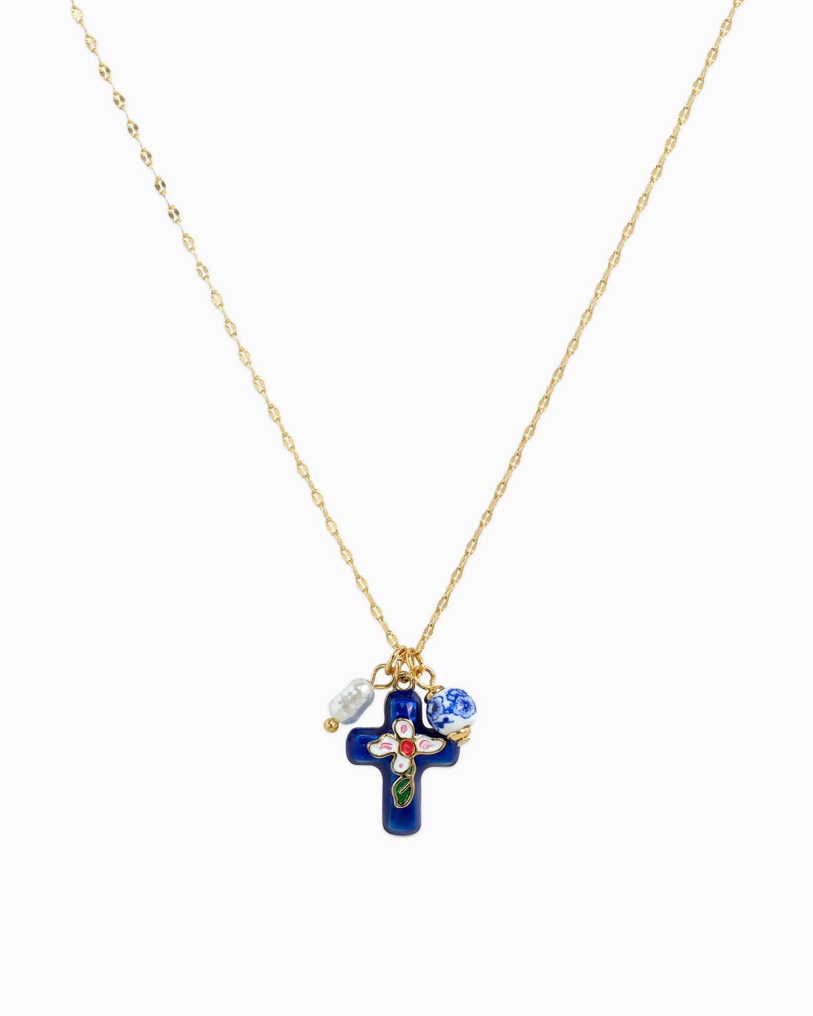 Porcelain Inspired Vintage Oriental Floral Cross Necklace