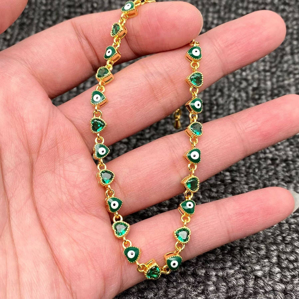 Heart Zircon Enamel Evil Eyes Linked 18K Gold Plated Bracelets