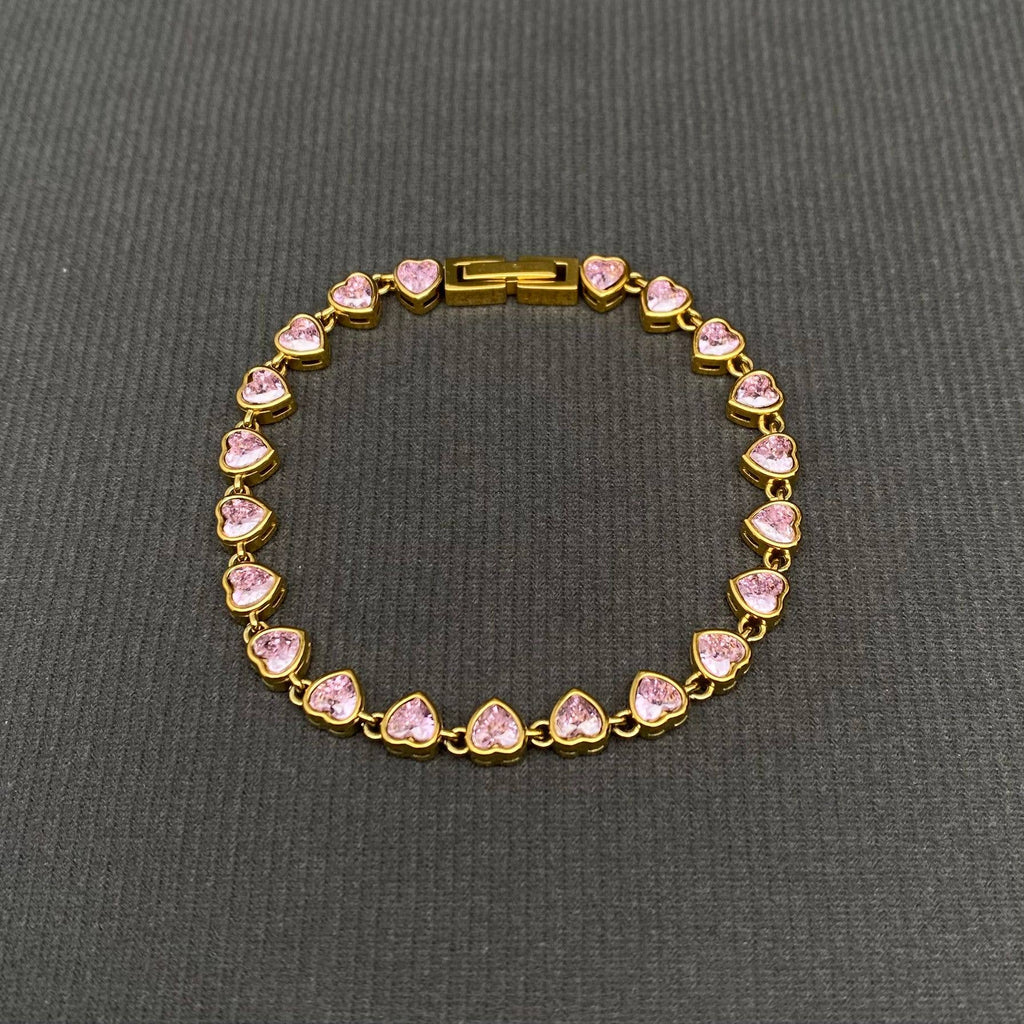 Pink Heart Zircon Linked 18K Gold Plated SS Bracelet - FGS