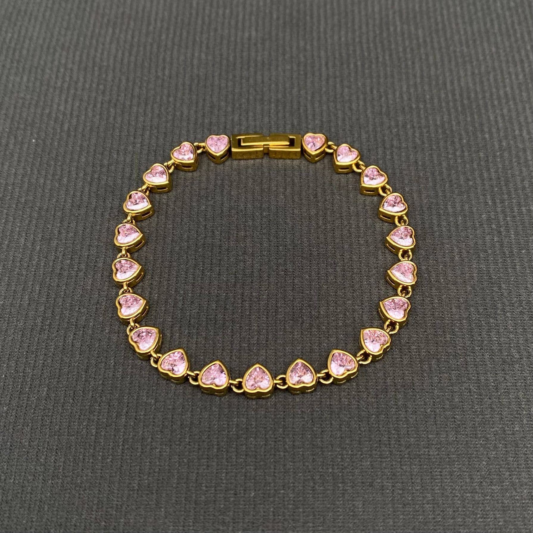 Pink Heart Zircon Linked 18K Gold Plated SS Bracelet - FGS