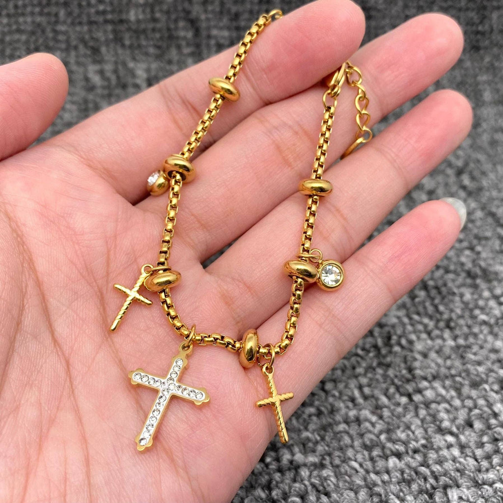 CZ Cross Charm 18K Gold Plated Stainless Steel Bracelet -FGS