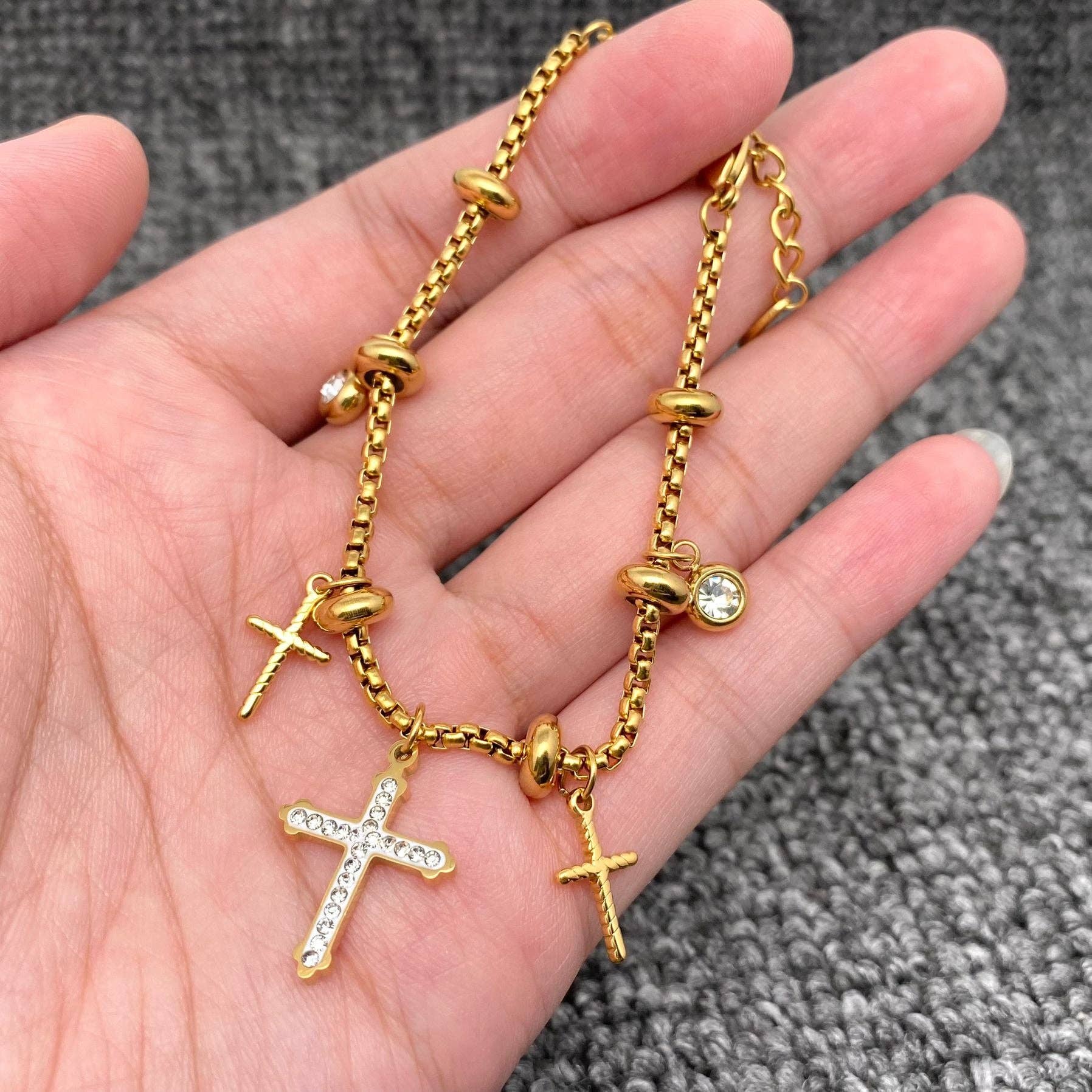 CZ Cross Charm 18K Gold Plated Stainless Steel Bracelet -FGS