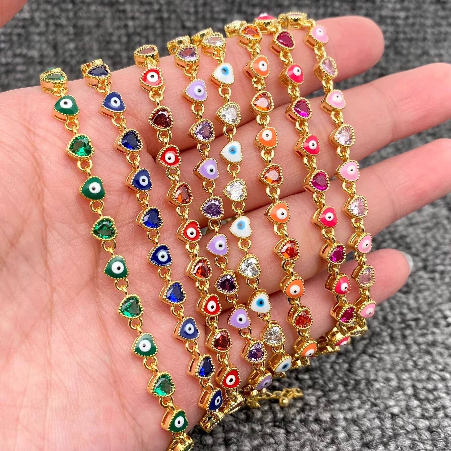 Heart Zircon Enamel Evil Eyes Linked 18K Gold Plated Bracelets