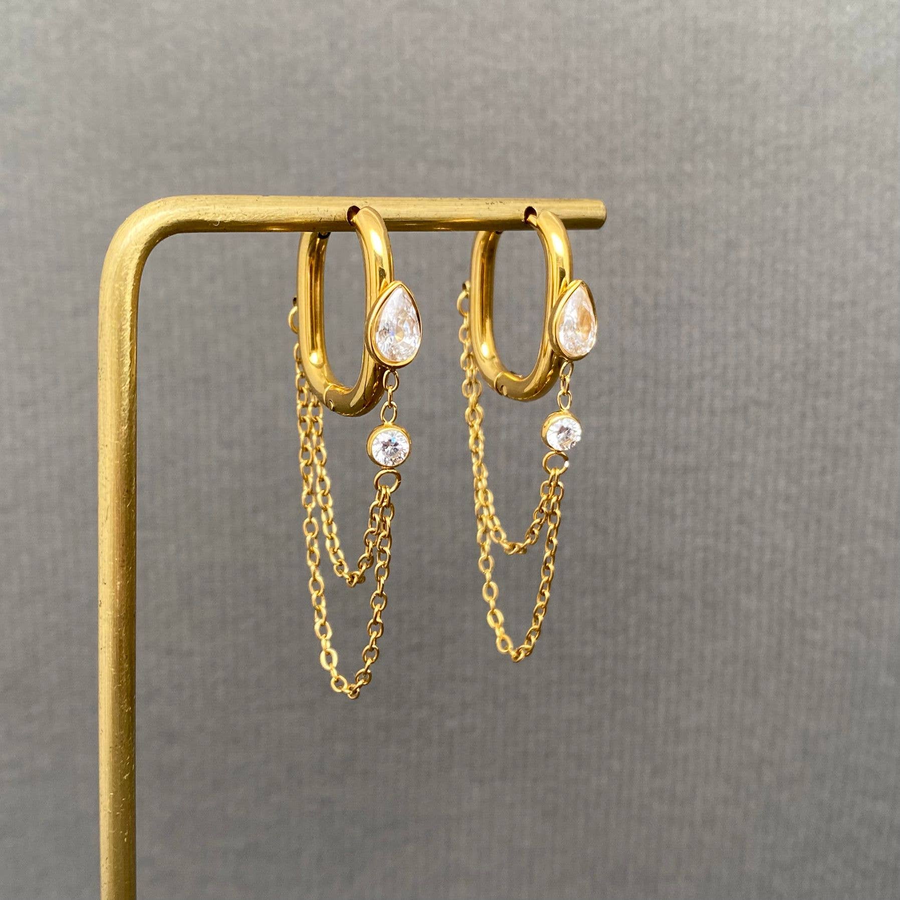 Chain fringe Zicon inliad 18K Gold Plated SS Earrings - FGS