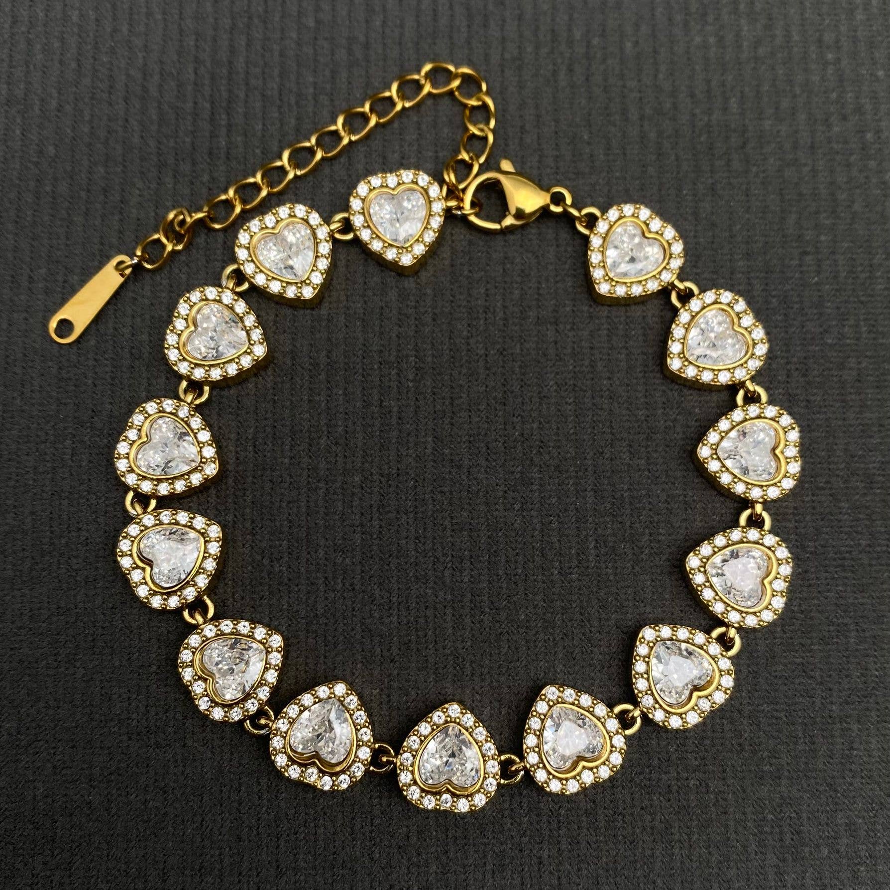 Sparkling Heart zircon linked 18K Gold Plated SS Bracelet - FGS